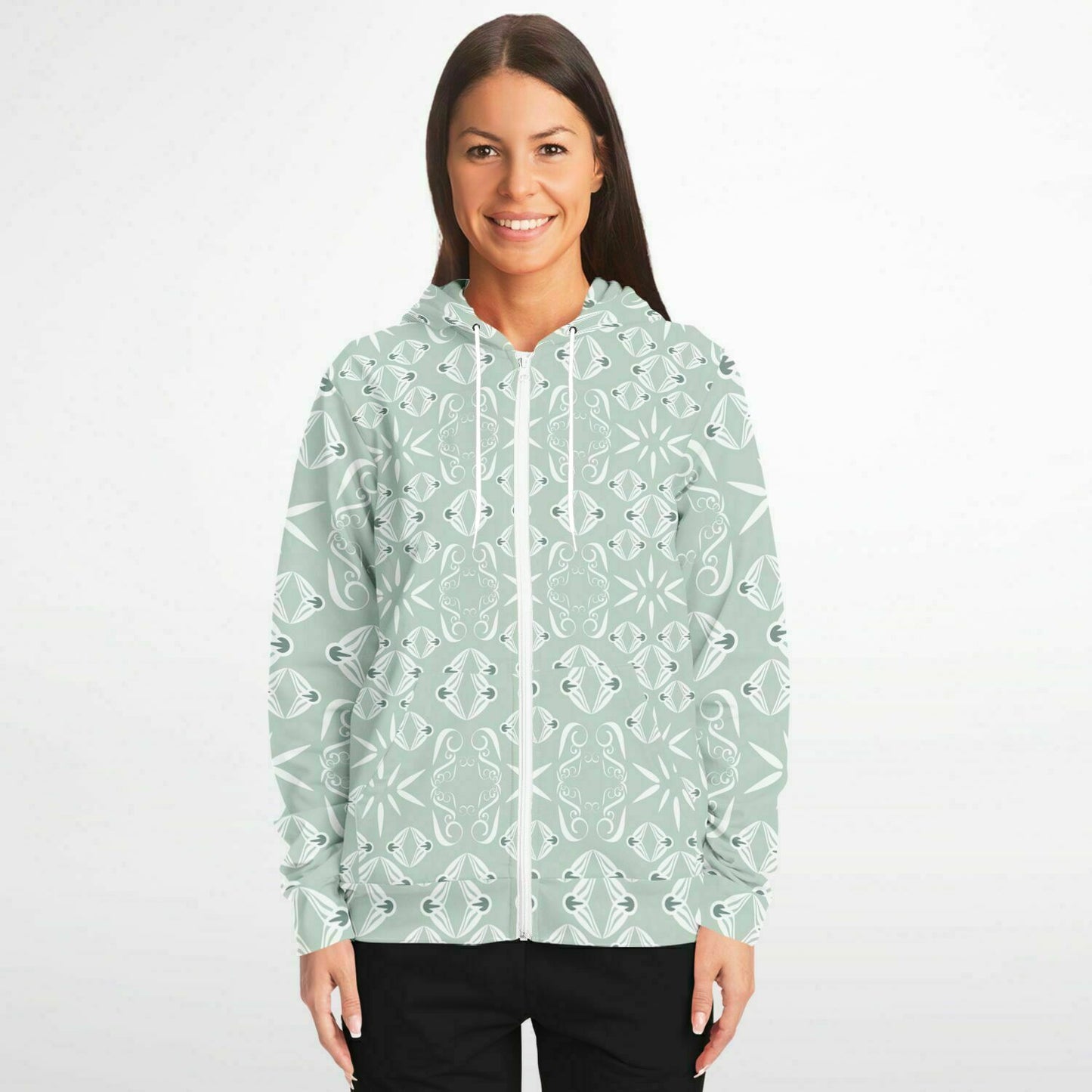Fashion Zip-Up Hoodie - AOP Kukloso Abstractical No 43 Sage on White - Free Shipping