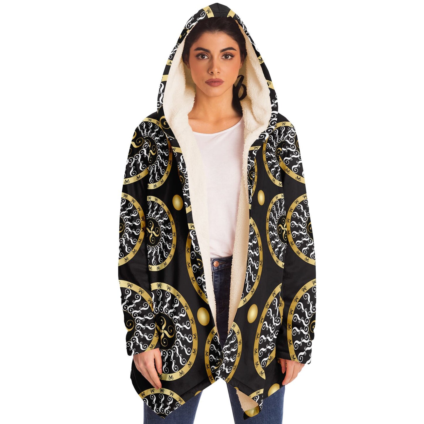 Microfleece Cloak - AOP Kukloso Abstractical No 173 Gold & White Mandala on Black - Free Shipping