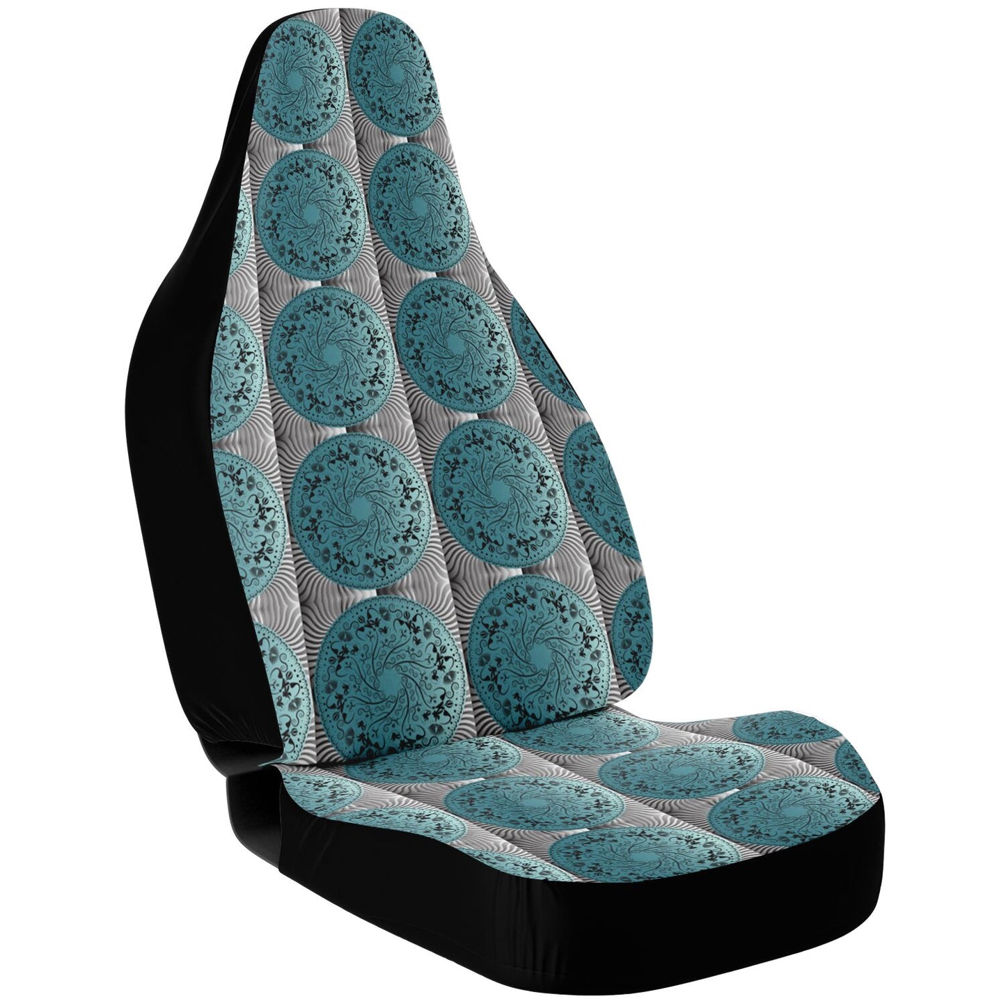 Car Seat Cover - AOP Kukloso No 155 Mandala design, Aqua-Black on Silver - Free Shipping