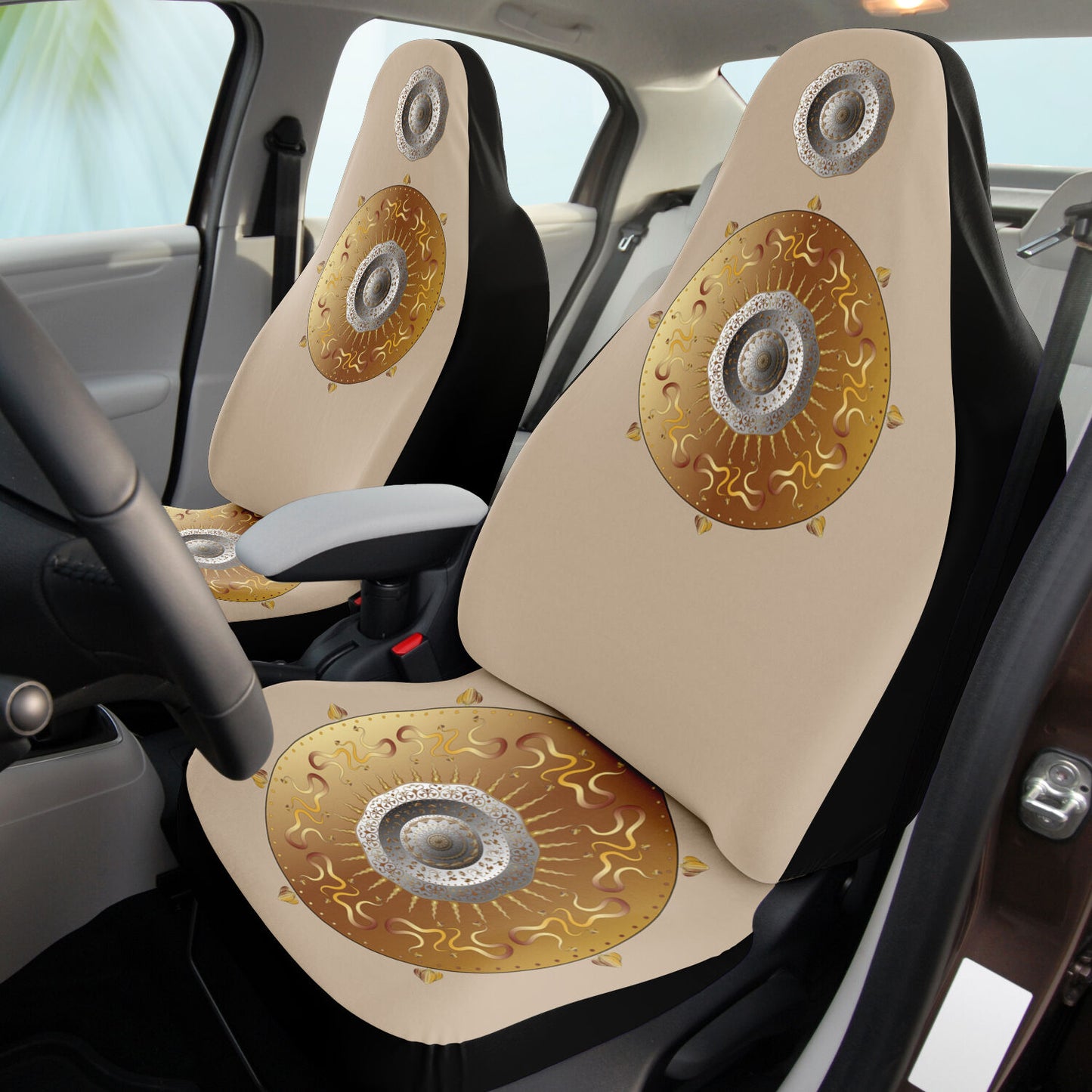 Car Seat Cover - AOP Kukloso Intricate Mandala design, Gold & Silver colors on Tan - Free Shipping