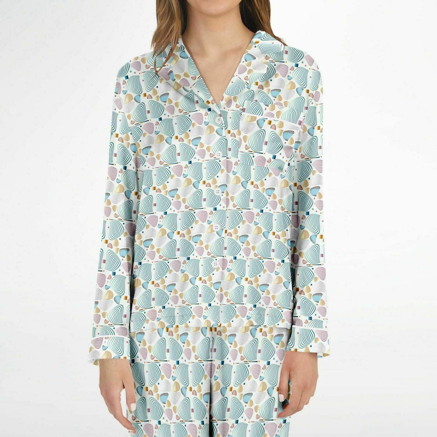 Women's Satin Pajamas - AOP Kukloso Fleurons No 80 No 1 Abstract shapes Pink, Aqua, Copper, Navy, Silver & Gold on White - Free Shipping