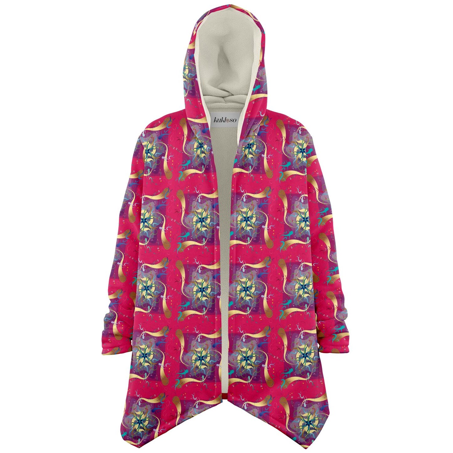 Microfleece Cloak - AOP Kukloso Whimsical No 27 Aqua, Gold Mandala on Magenta - Free Shipping