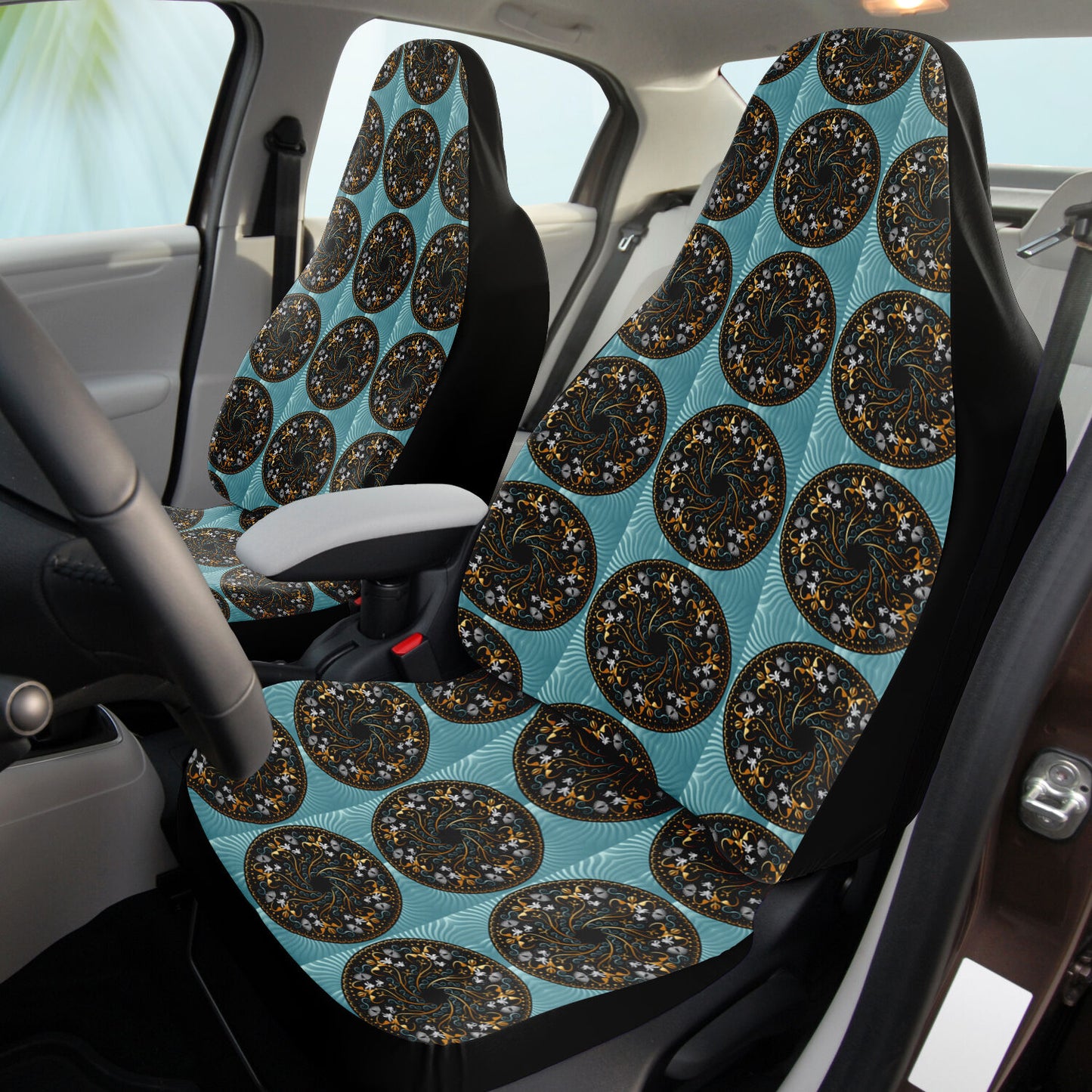 Car Seat Cover - AOP Kukloso No 155 Mandala design, Aqua-Black on Black - Free Shipping