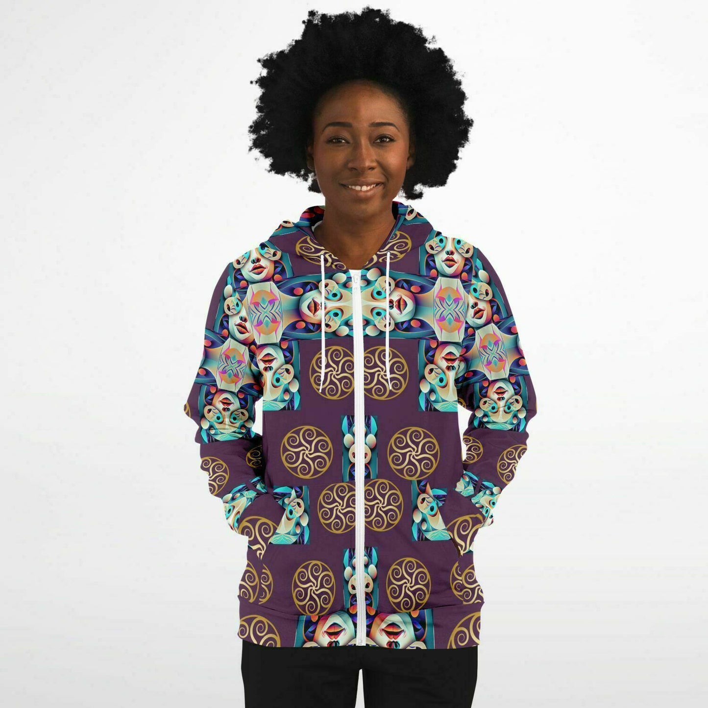 Fashion Zip-Up Hoodie - AOP Kukloso Cubist Faces No 13 Purple, Multicolored - Free Shipping
