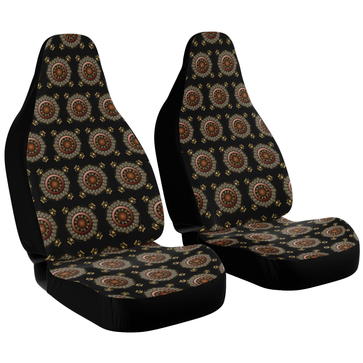 Car Seat Cover - AOP Kukloso Mandala No 27, intricate design of Copper & Gold on Black - Free Shipping