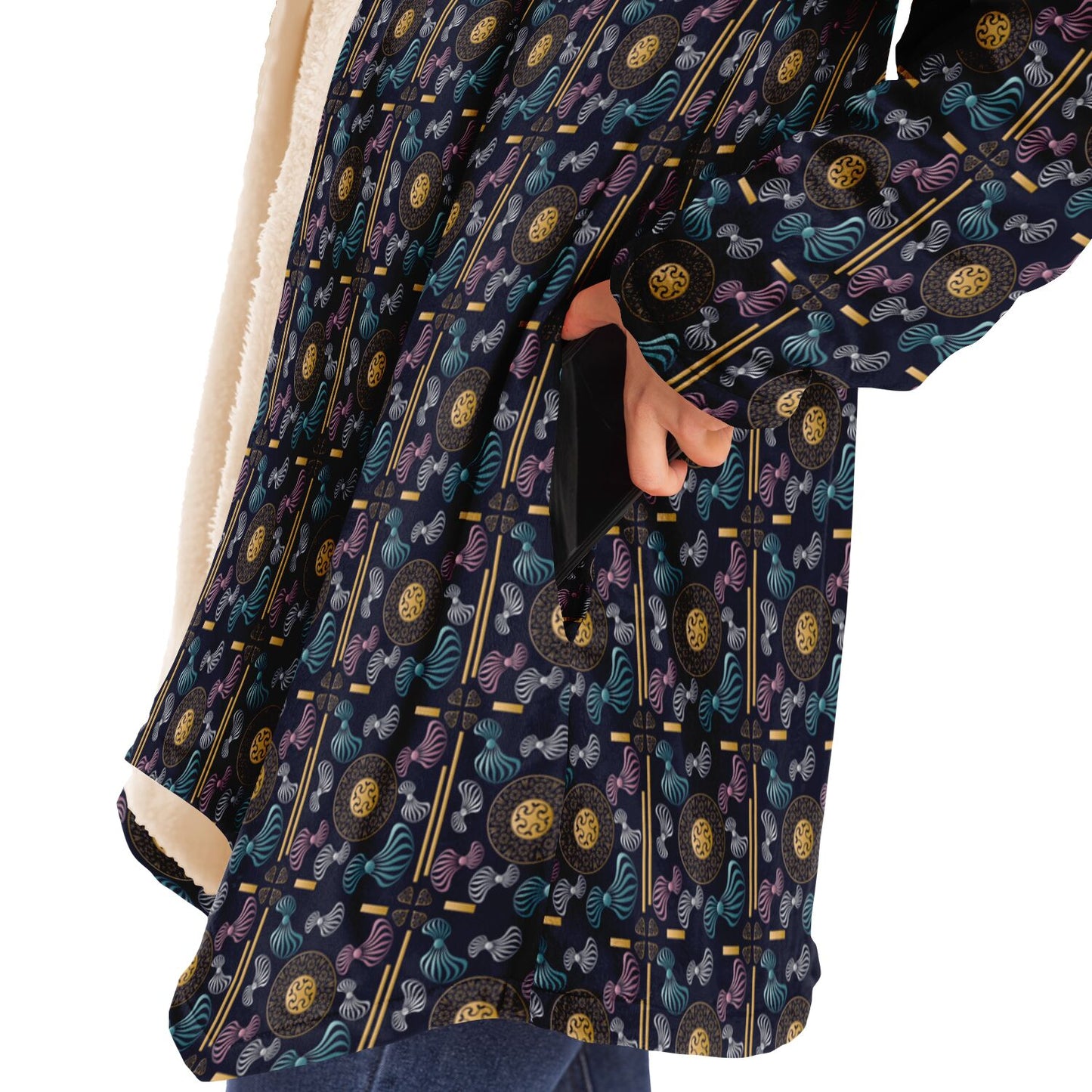 Microfleece Cloak - AOP Kukloso Whimsical No 99 Aqua, Gold, Silver, Pink on Black - Free Shipping