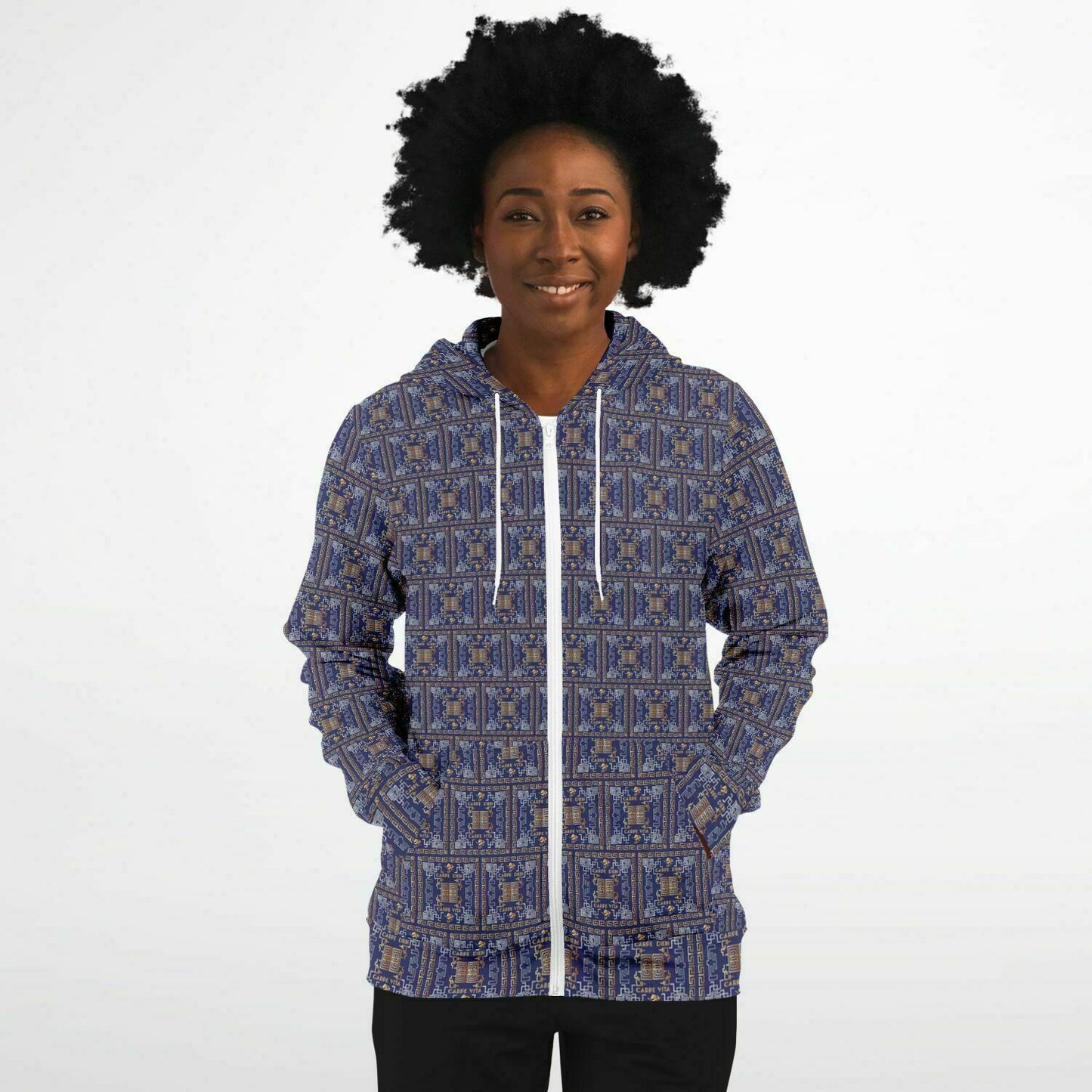 Fashion Zip-Up Hoodie - AOP Kukloso Greek Border No 41 No 2 Carpe Diem, Gold & Silver on Navy - Free Shipping
