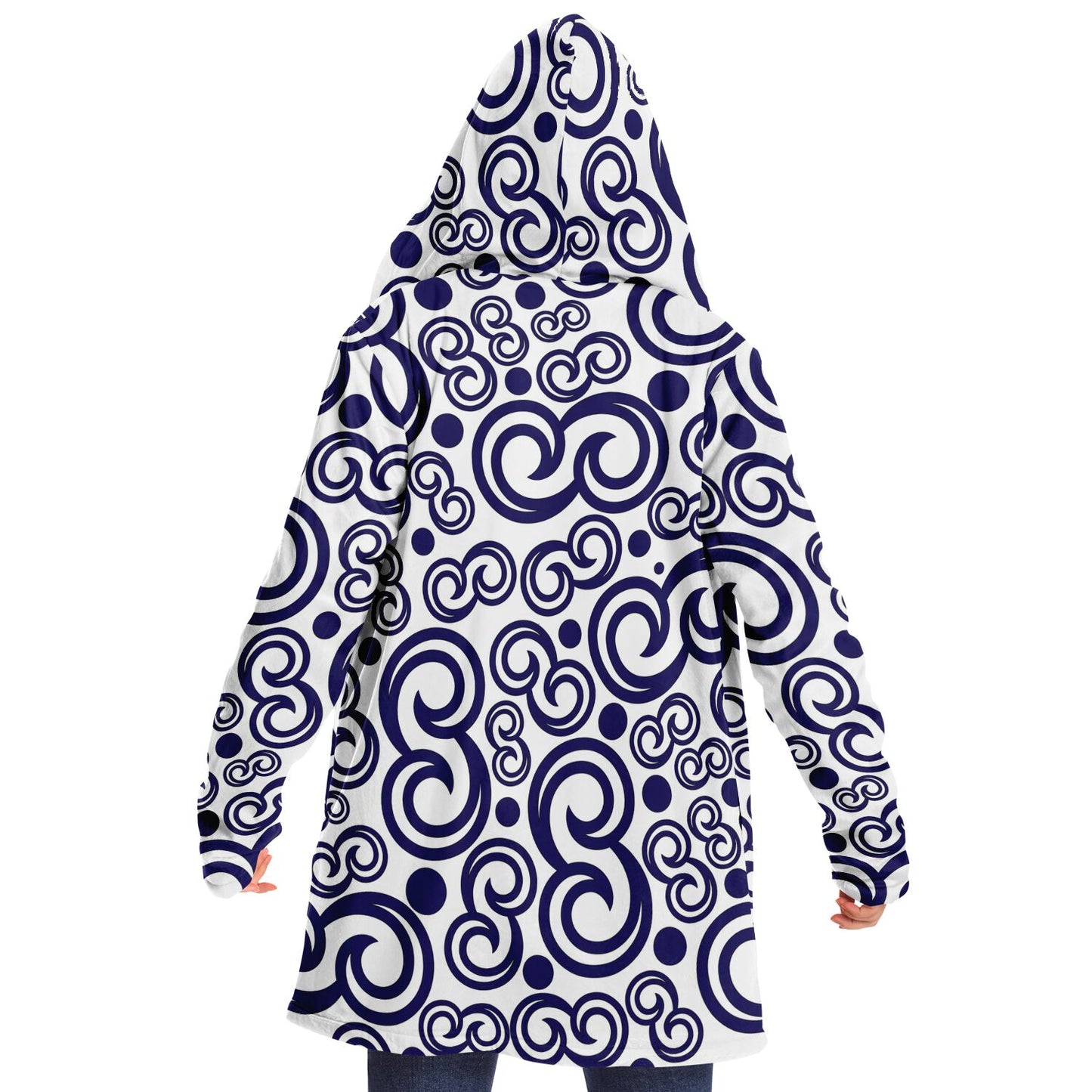 Microfleece Cloak - AOP Kukloso Fleurons No 7 Abstract Navy shapes on White - Free Shipping
