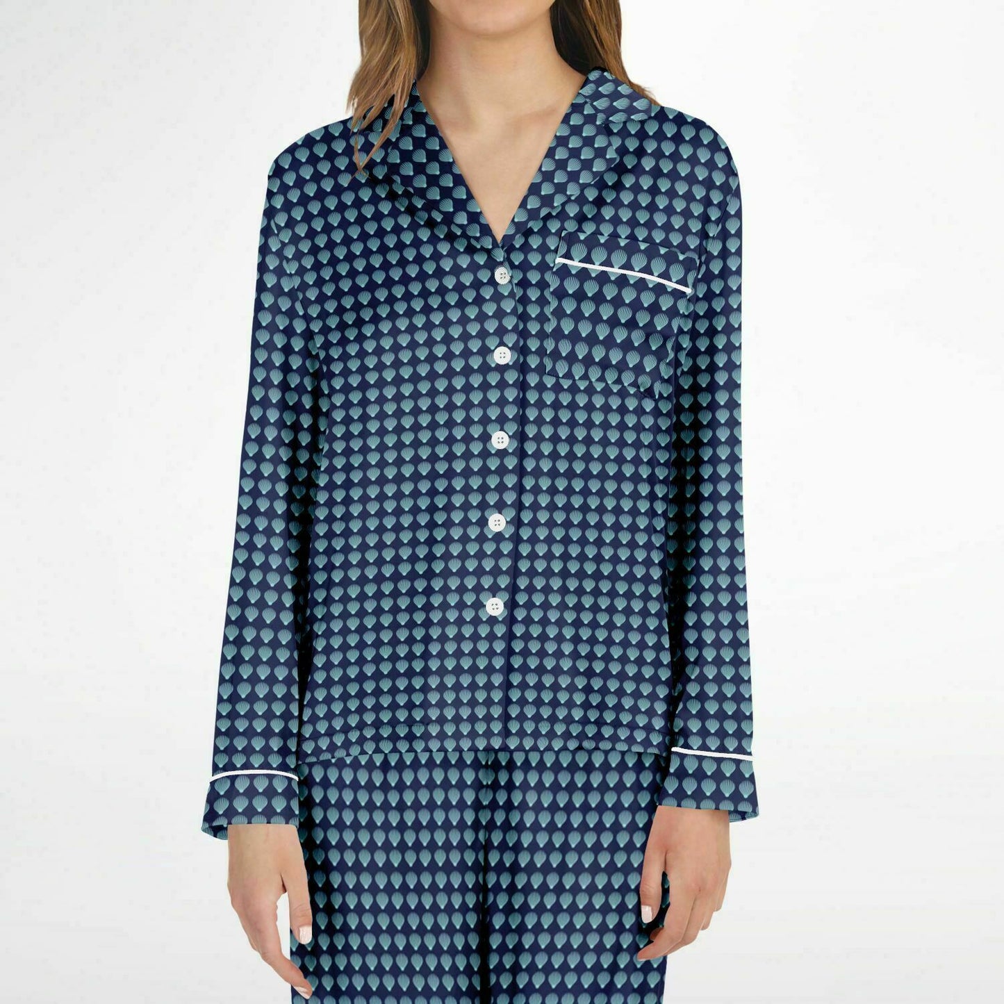 Women's Satin Pajamas - AOP Kukloso Scallop Shell No 1 Aqua on Navy - Free Shipping