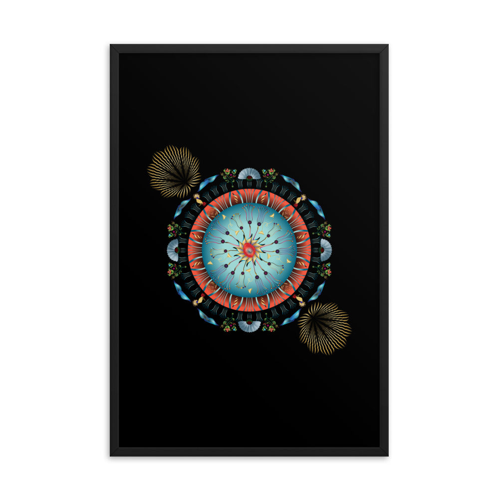 Framed Poster Kuklos No 4136 Abstract Mandala Red - Aqua - Gold Free Shipping