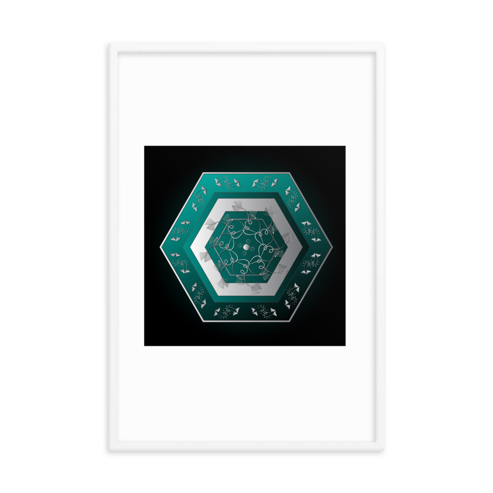 Framed Poster Kuklos No 4071 Mandala Viridian Green - Silver Free Shipping