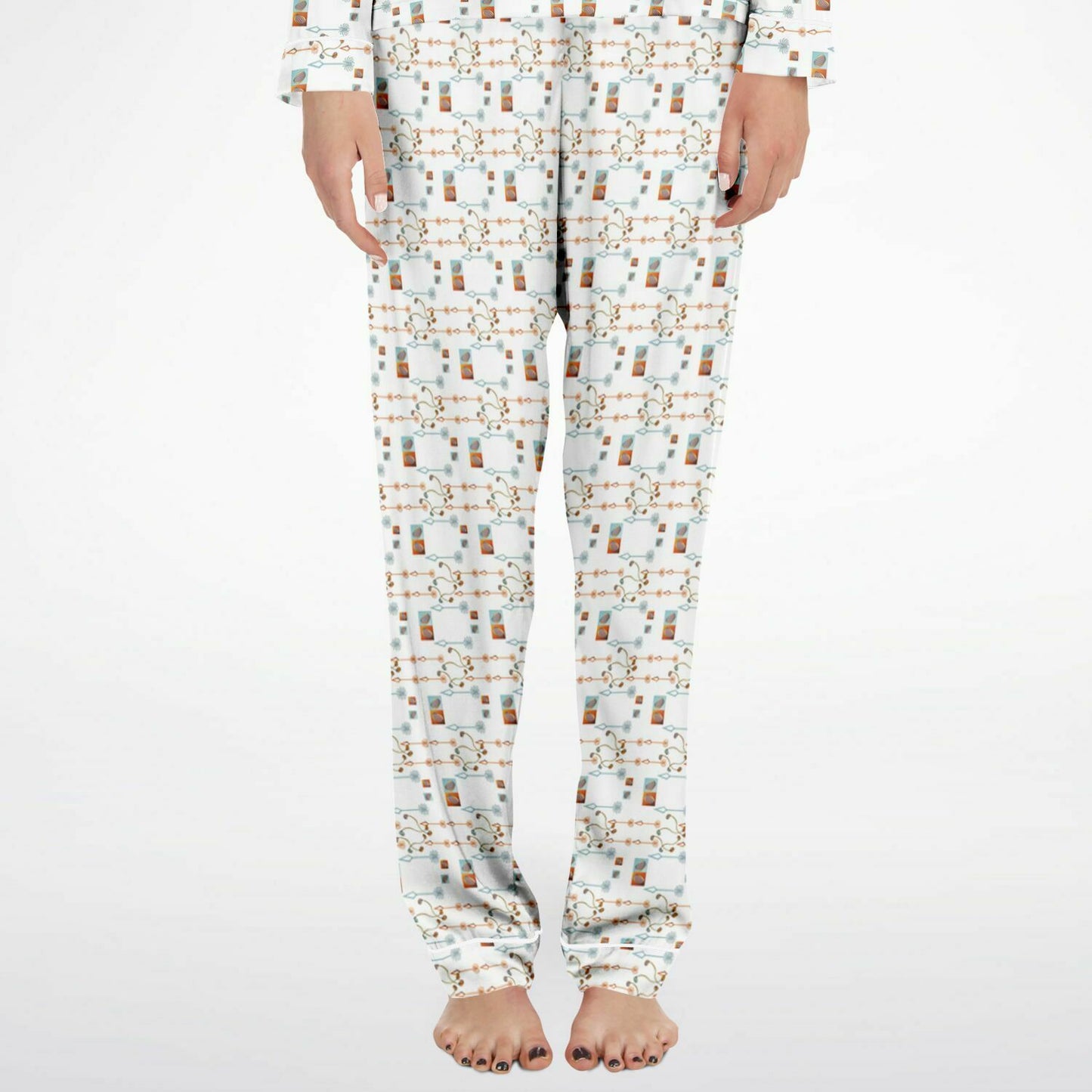 Women's Satin Pajamas - AOP Kukloso Melange de fleur No 21 Multicolored abstract shapes - Gold, Aqua & Navy on White - Free Shipping