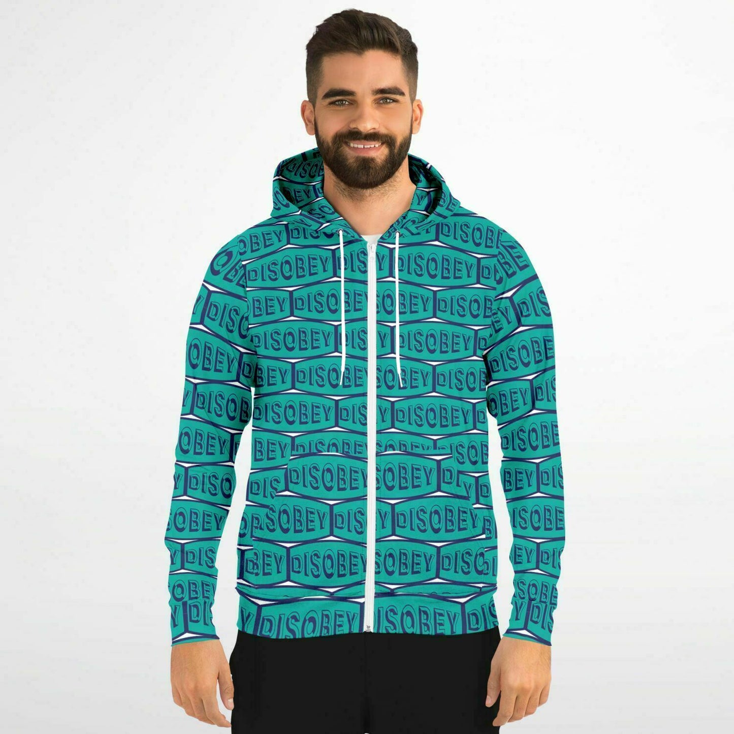 Fashion Zip-Up Hoodie - AOP Kukloso Disobey Logo Navy & Turquoise - Free Shipping