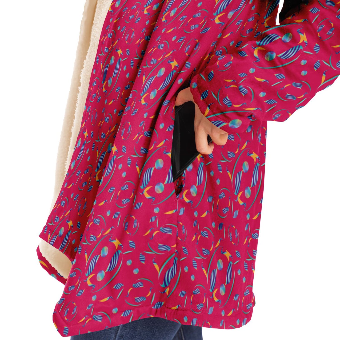 Microfleece Cloak - AOP Kukloso Whimsical No 8 Abstract Aqua,Navy & Yellow shapes on Magenta bkgd. - Free Shipping