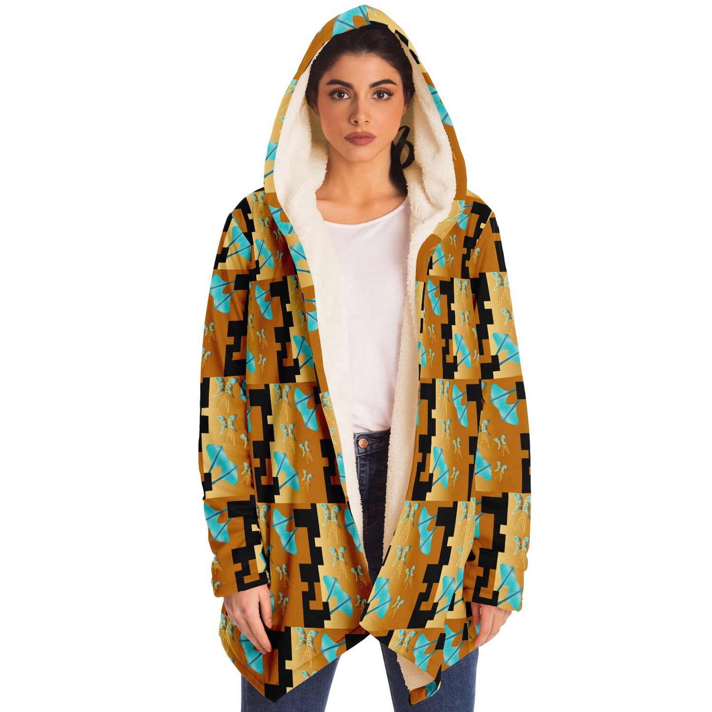 Microfleece Cloak - AOP Kukloso Whimsical No 43 Abstract Moth design, Gold & Turwuoise on Black - Free Shipping