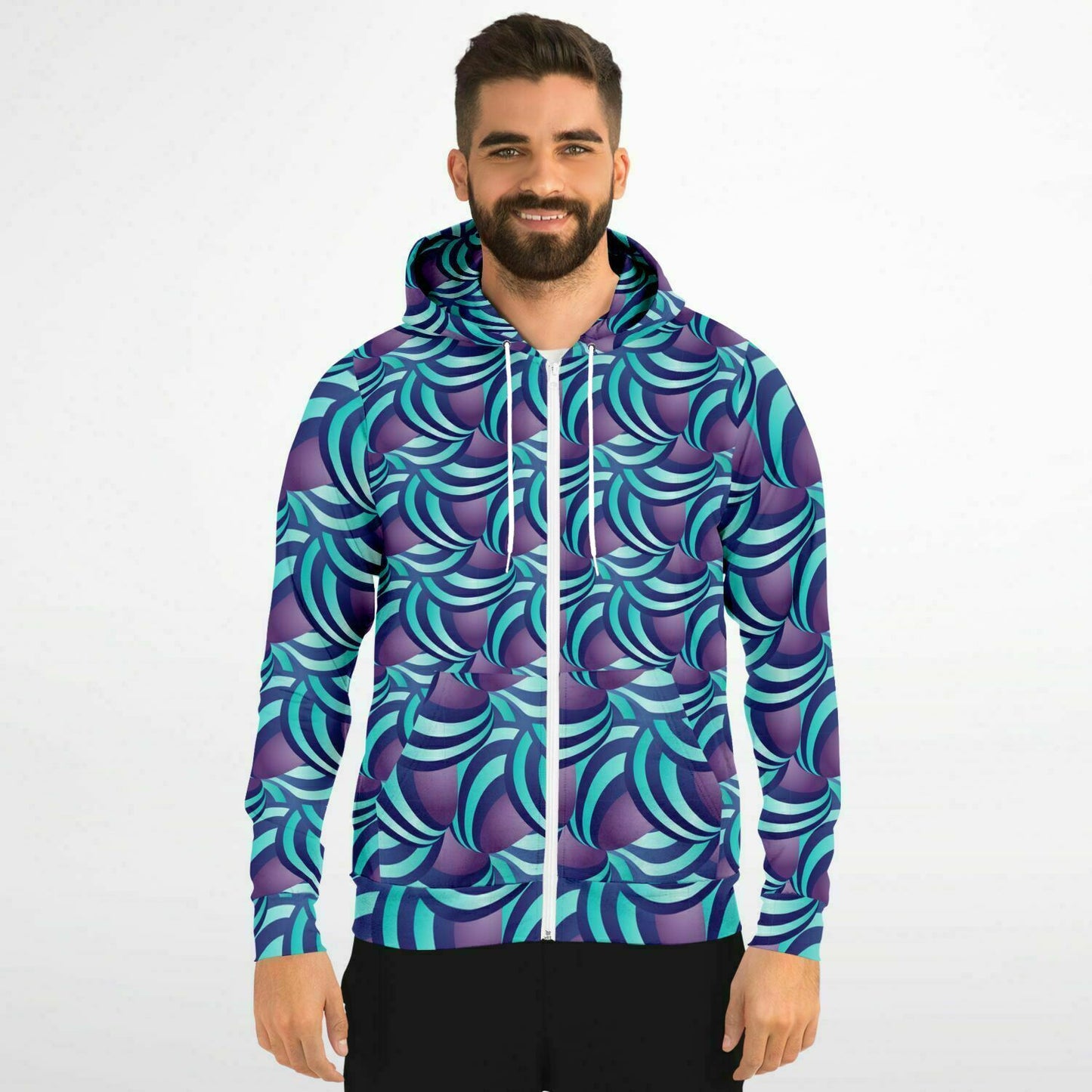 Fashion Zip-Up Hoodie - AOP Kukloso Ice Cream Swirls Aqua and Purple - Free Shipping