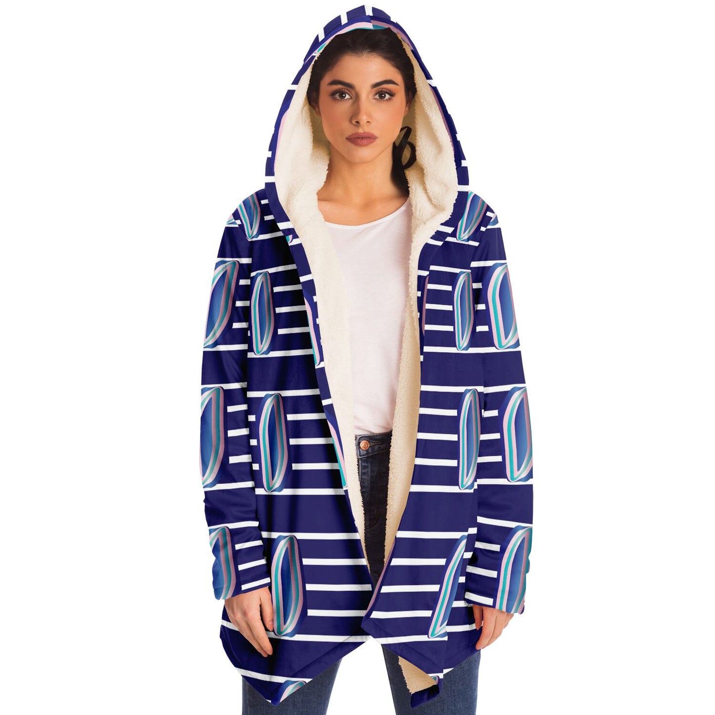 Microfleece Cloak - AOP Kukloso Whimsical No 56 Navy & Aqua abstract shapes on wide Navy stripes. - Free Shipping