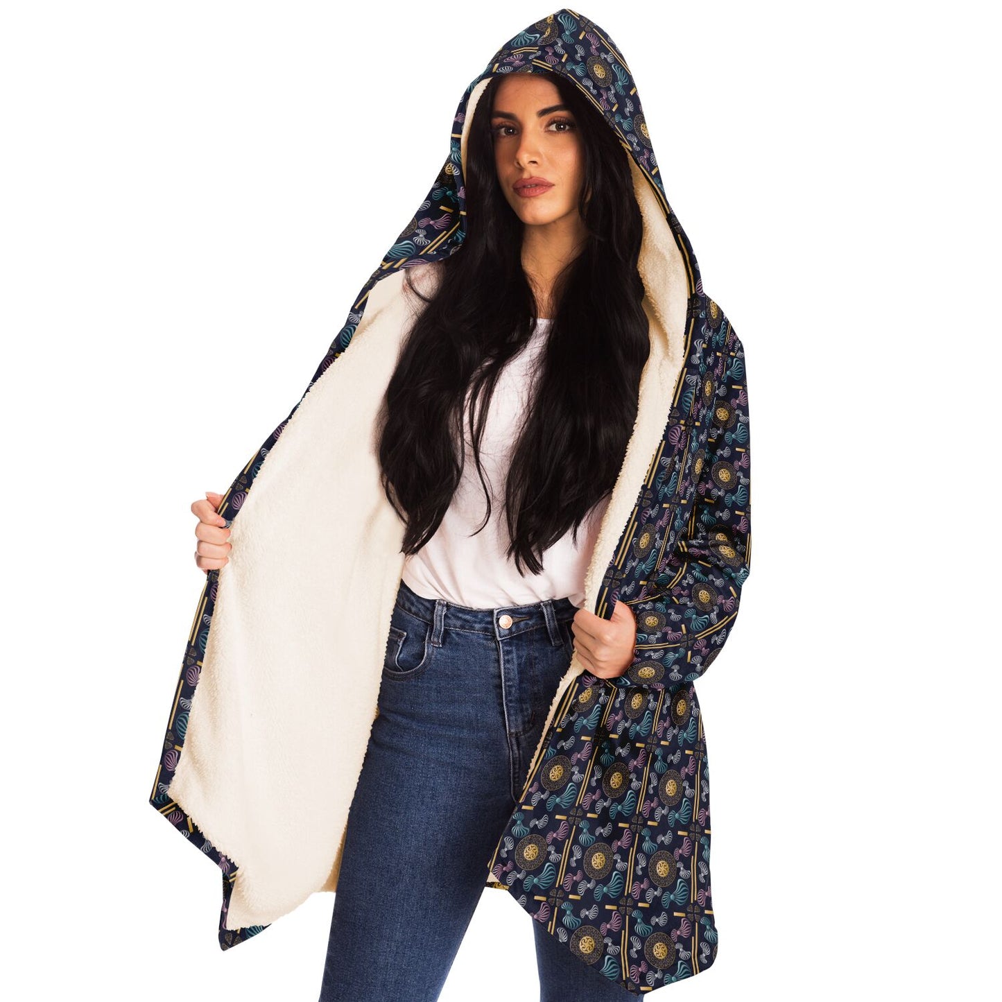 Microfleece Cloak - AOP Kukloso Whimsical No 99 Aqua, Gold, Silver, Pink on Black - Free Shipping