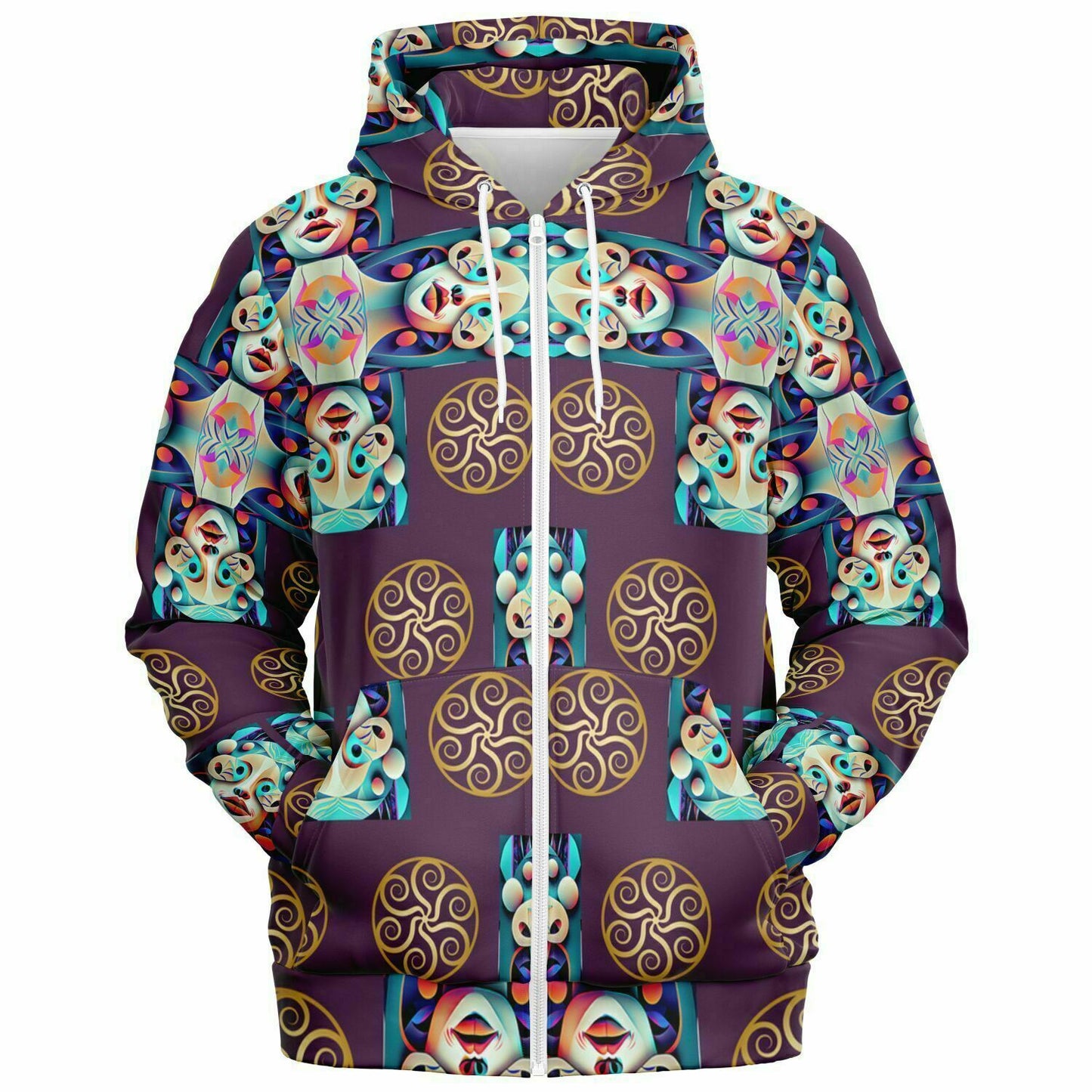 Fashion Zip-Up Hoodie - AOP Kukloso Cubist Faces No 13 Purple, Multicolored - Free Shipping