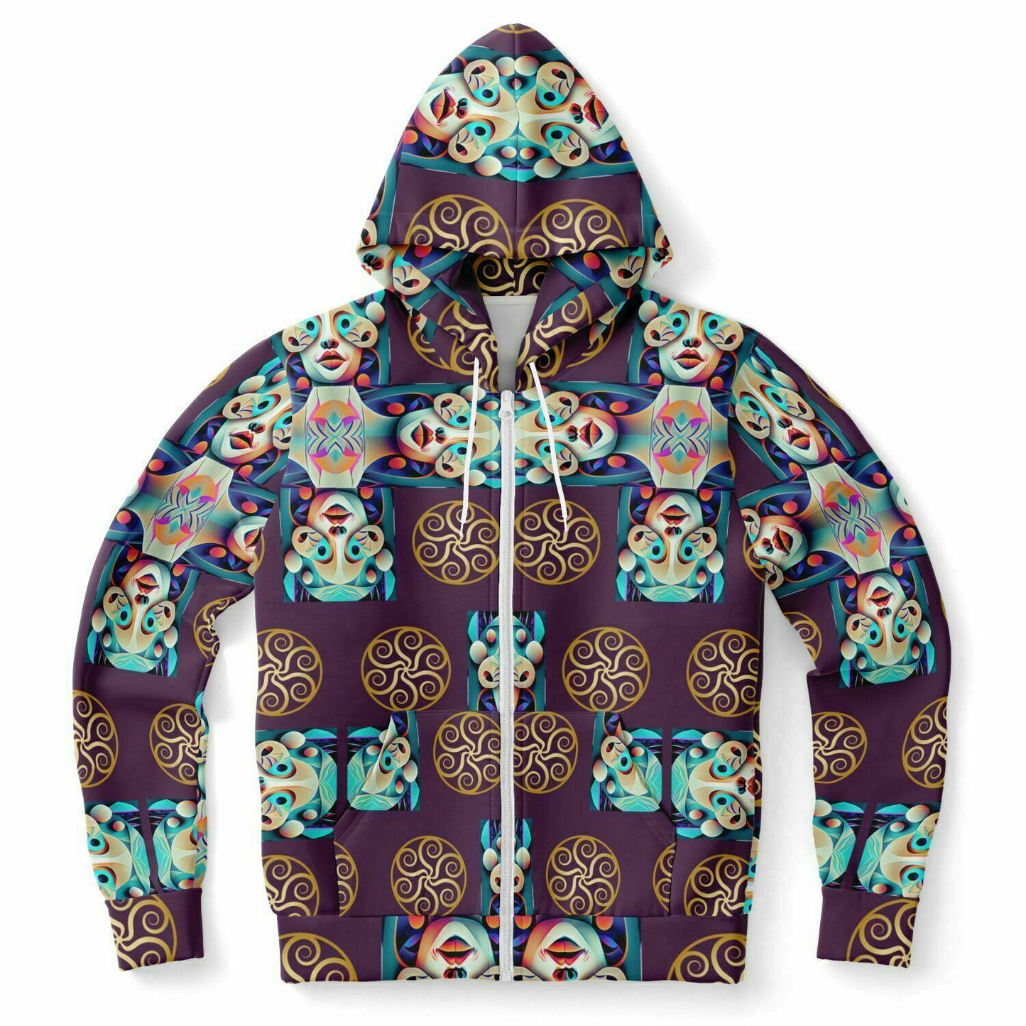 Fashion Zip-Up Hoodie - AOP Kukloso Cubist Faces No 13 Purple, Multicolored - Free Shipping
