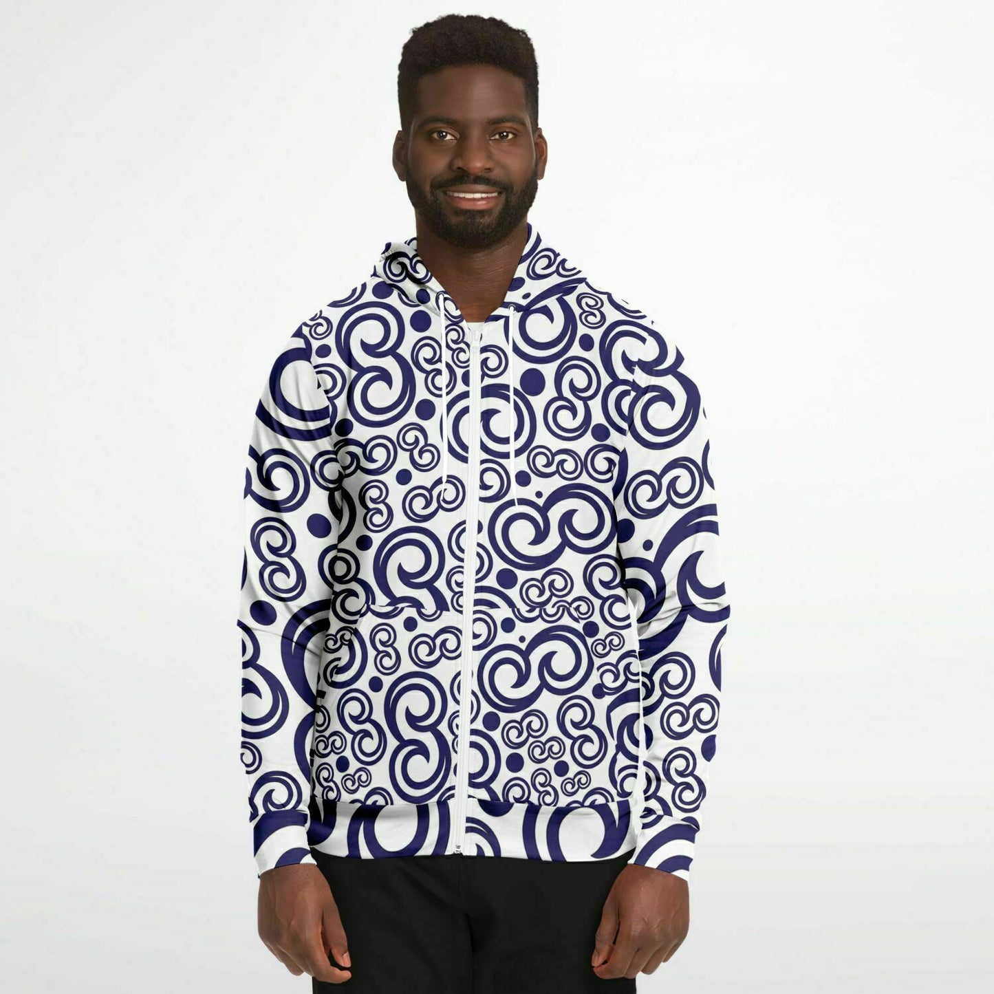 Fashion Zip-Up Hoodie - AOP Kukloso Fleurons No 7 Navy on White - Free Shipping