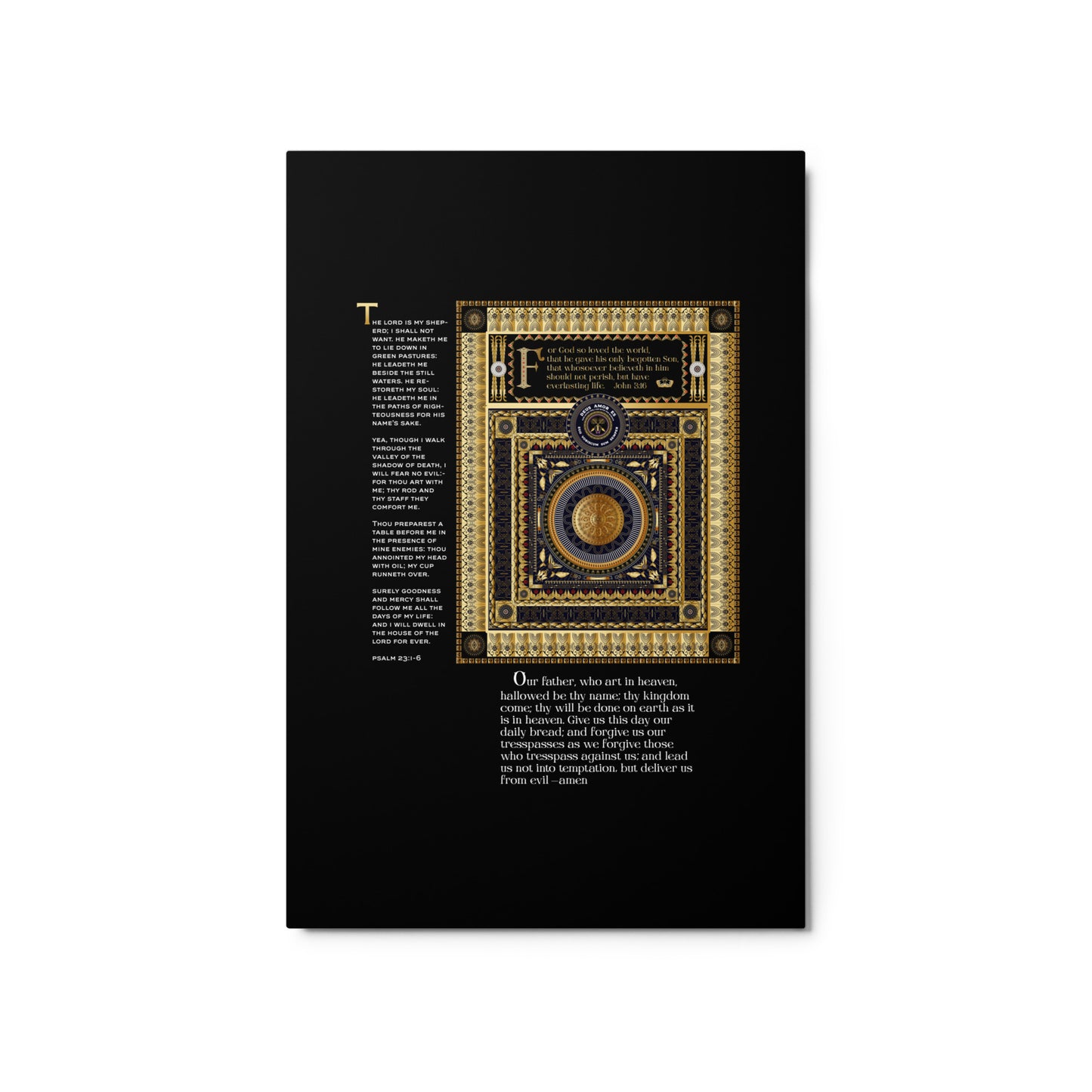 Metal prints Christian Triptych - Lord's Prayer - John 3:16 - 23rd Psalm Gold colors Free Shipping
