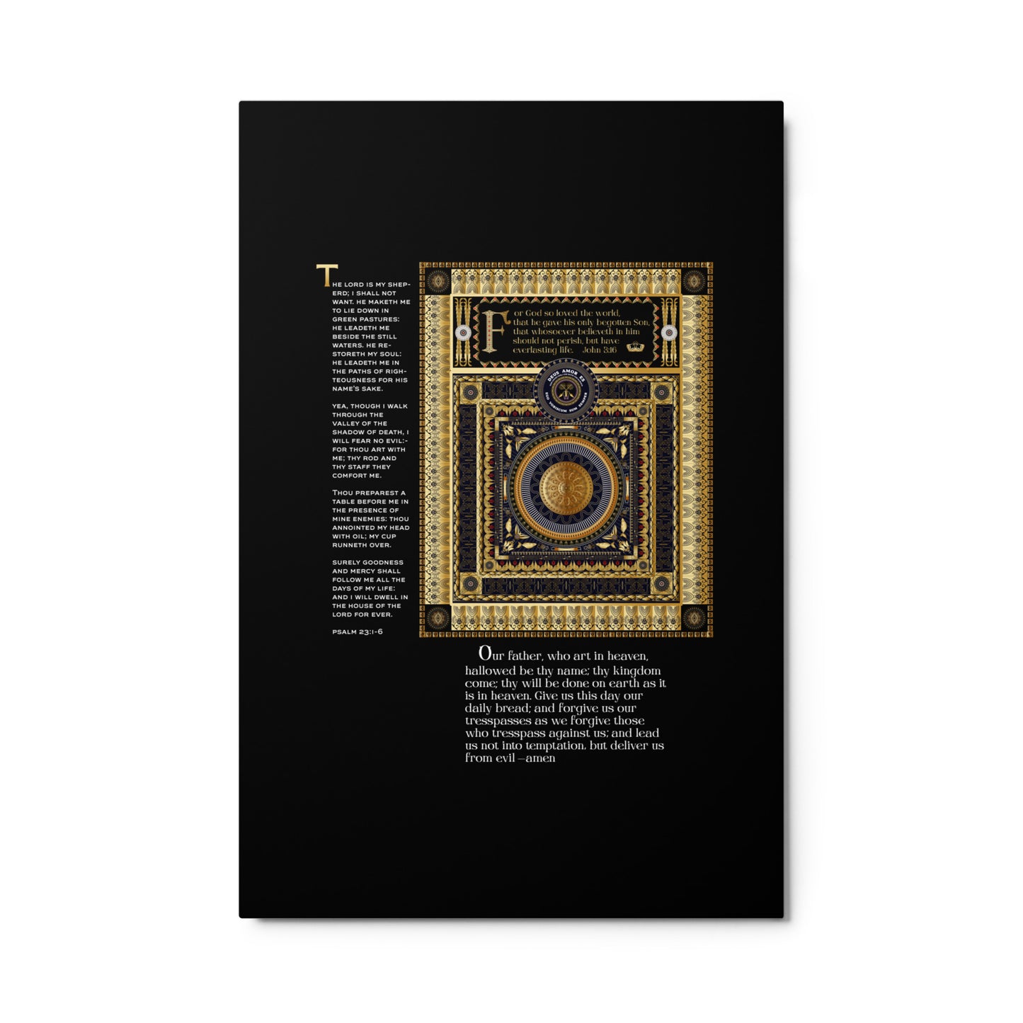 Metal prints Christian Triptych - Lord's Prayer - John 3:16 - 23rd Psalm Gold colors Free Shipping