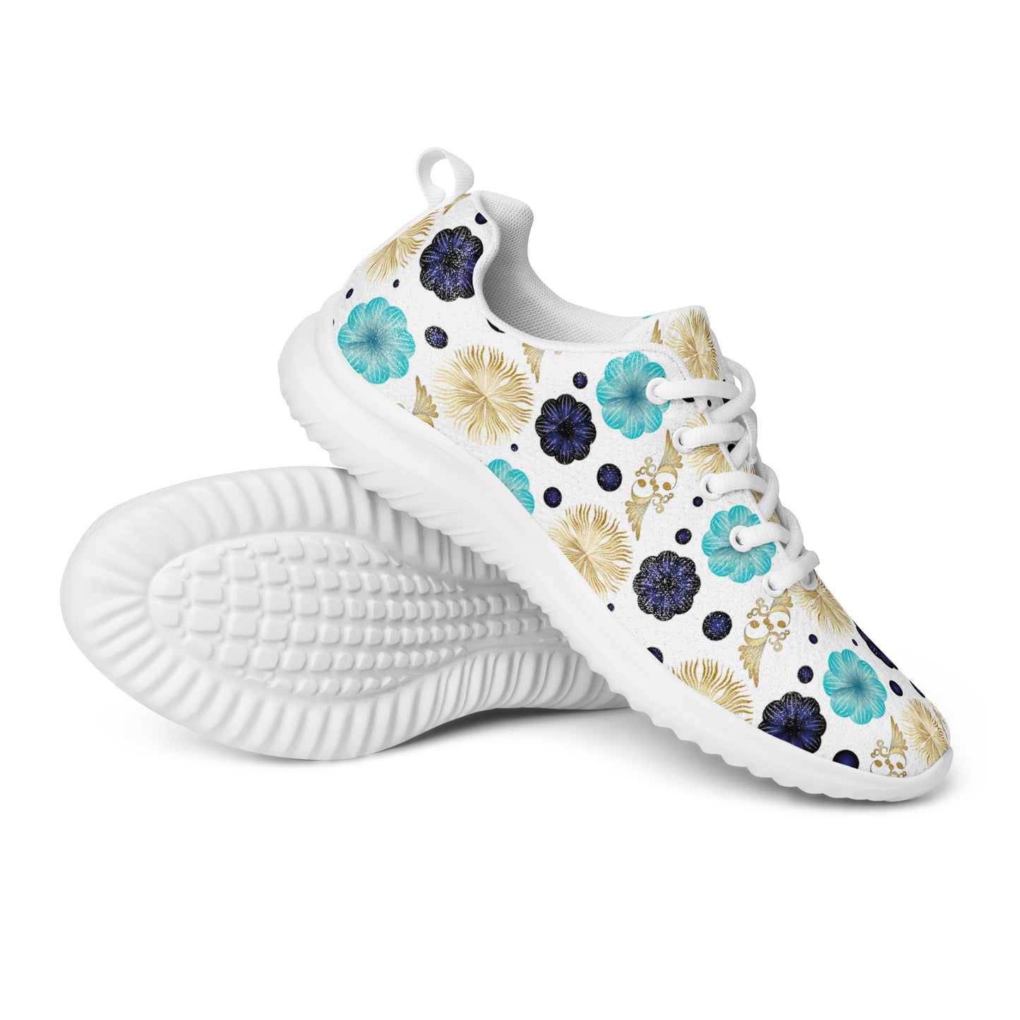 Women’s athletic shoes Kukloso Abstractical No 222 Aqua/Navy/Gold Mini-Mandalas on White - Free Shipping