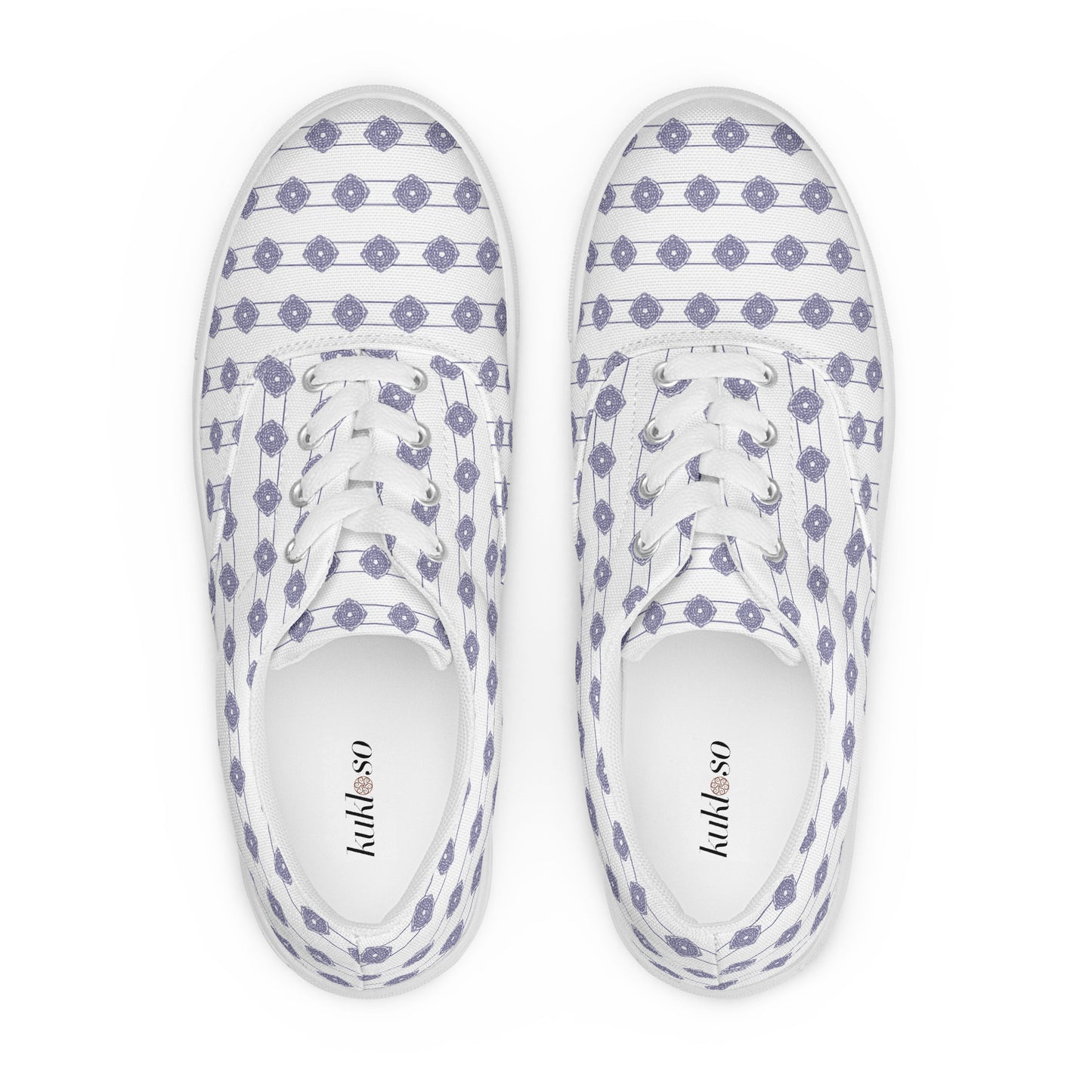 Women’s lace-up canvas shoes Kukloso Abstractical No 221 Navy Mini-Mandalas on White - Free Shipping
