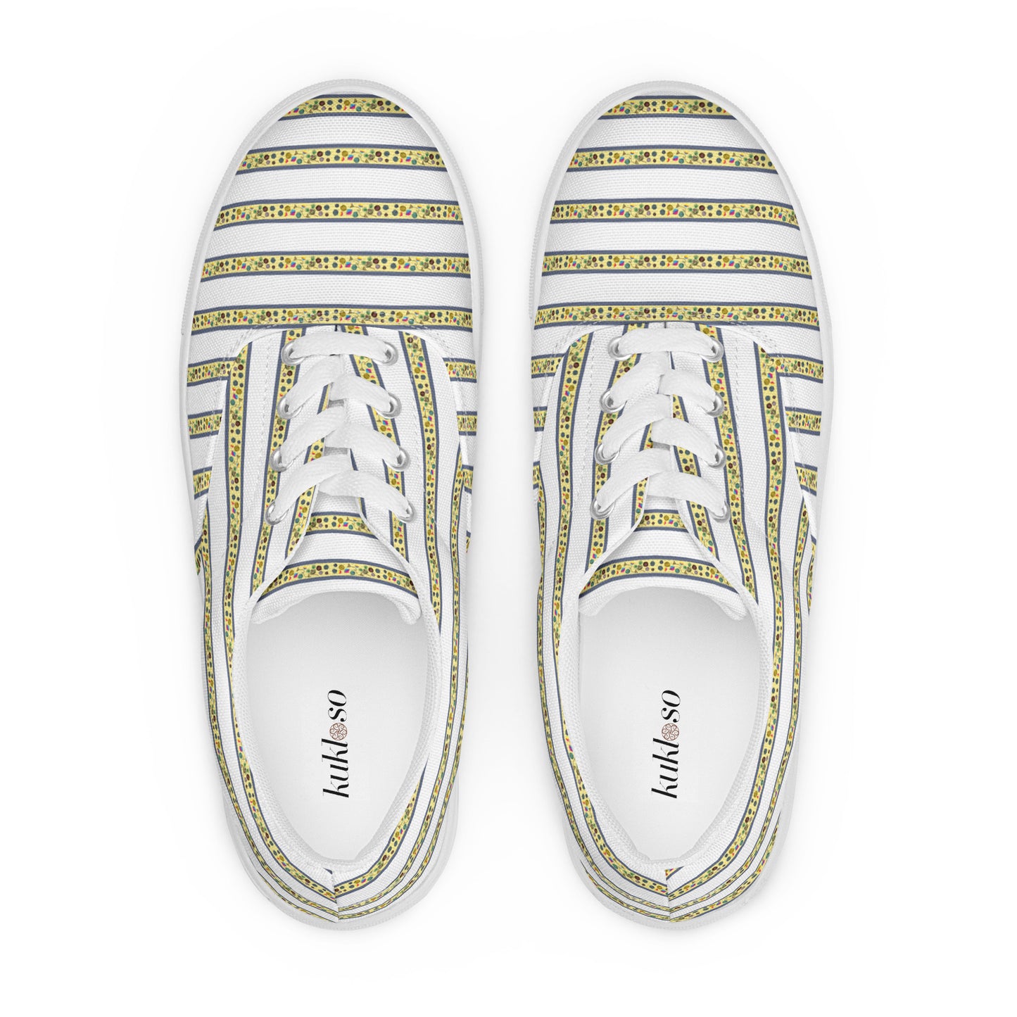 Women’s lace-up canvas shoes Kukloso FS No 104 Yellow Stripes on White - Free Shipping