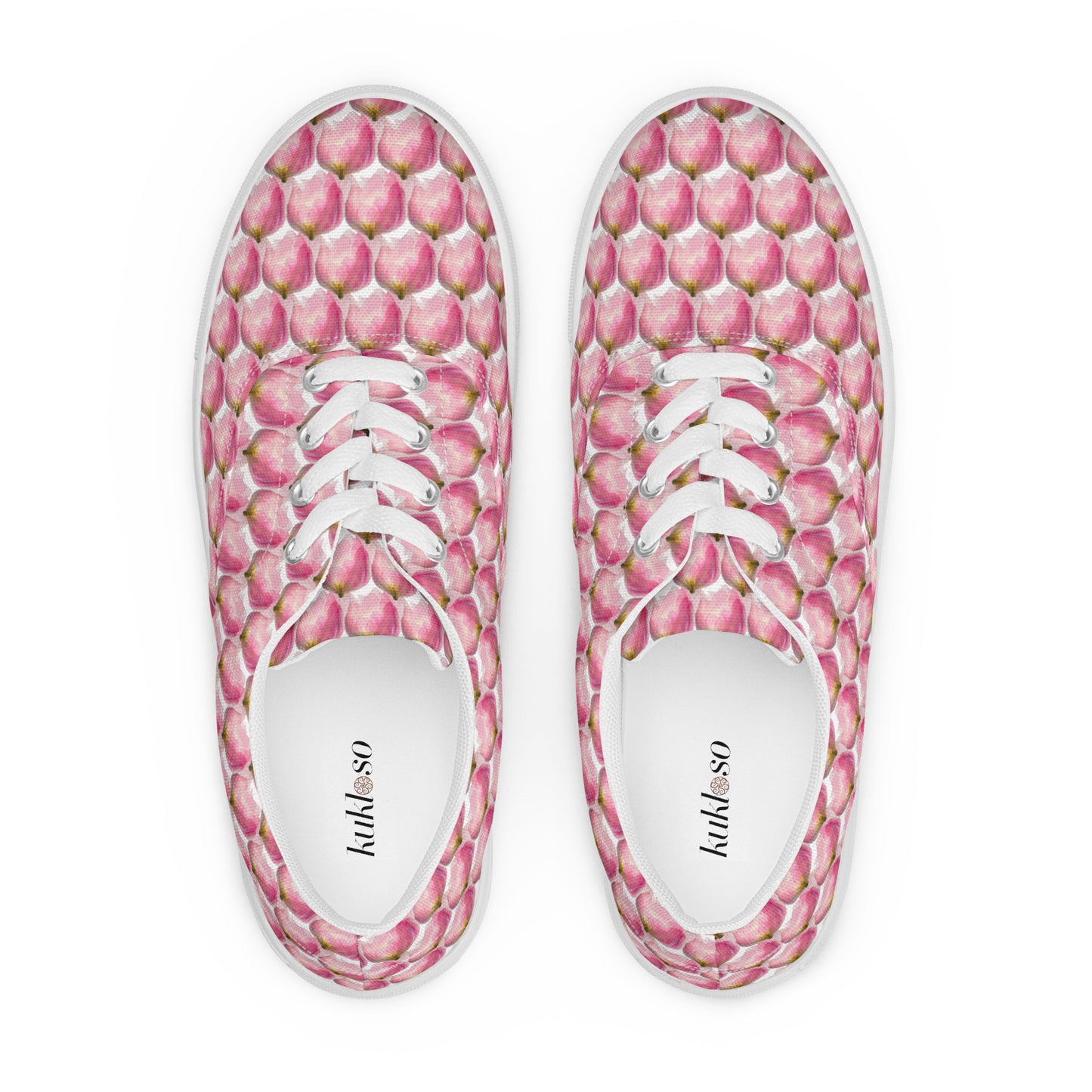 Women’s lace-up canvas shoes Kukloso Les tulipes Pink on White - Free Shipping