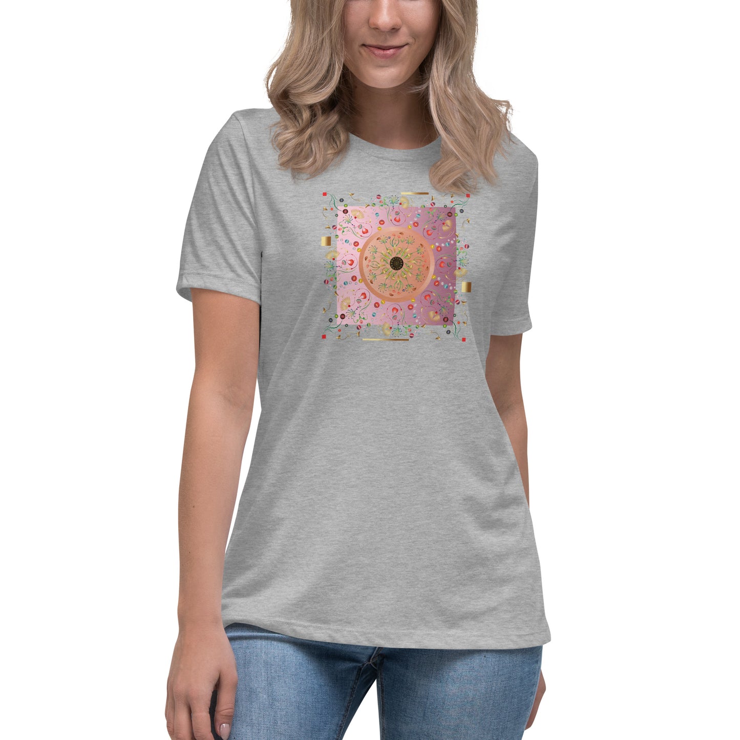 Women's Relaxed T-Shirt Kuklos 4390 Abstract Floral - Pink - Gold colors - Free Shipping