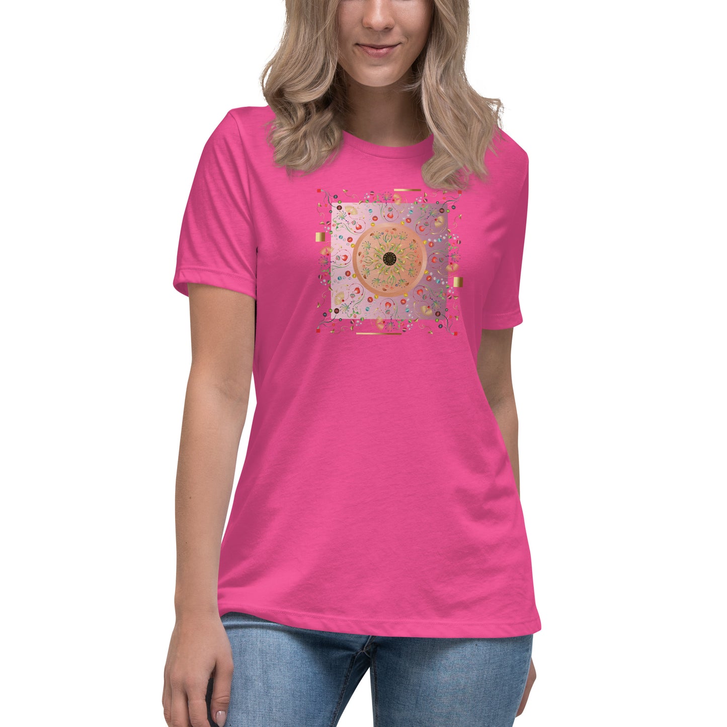 Women's Relaxed T-Shirt Kuklos 4390 Abstract Floral - Pink - Gold colors - Free Shipping