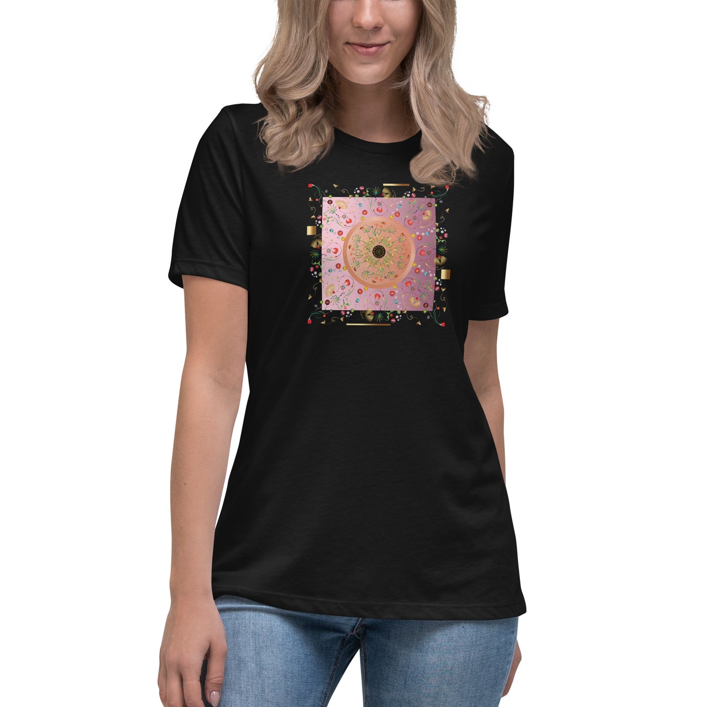 Women's Relaxed T-Shirt Kuklos 4390 Abstract Floral - Pink - Gold colors - Free Shipping