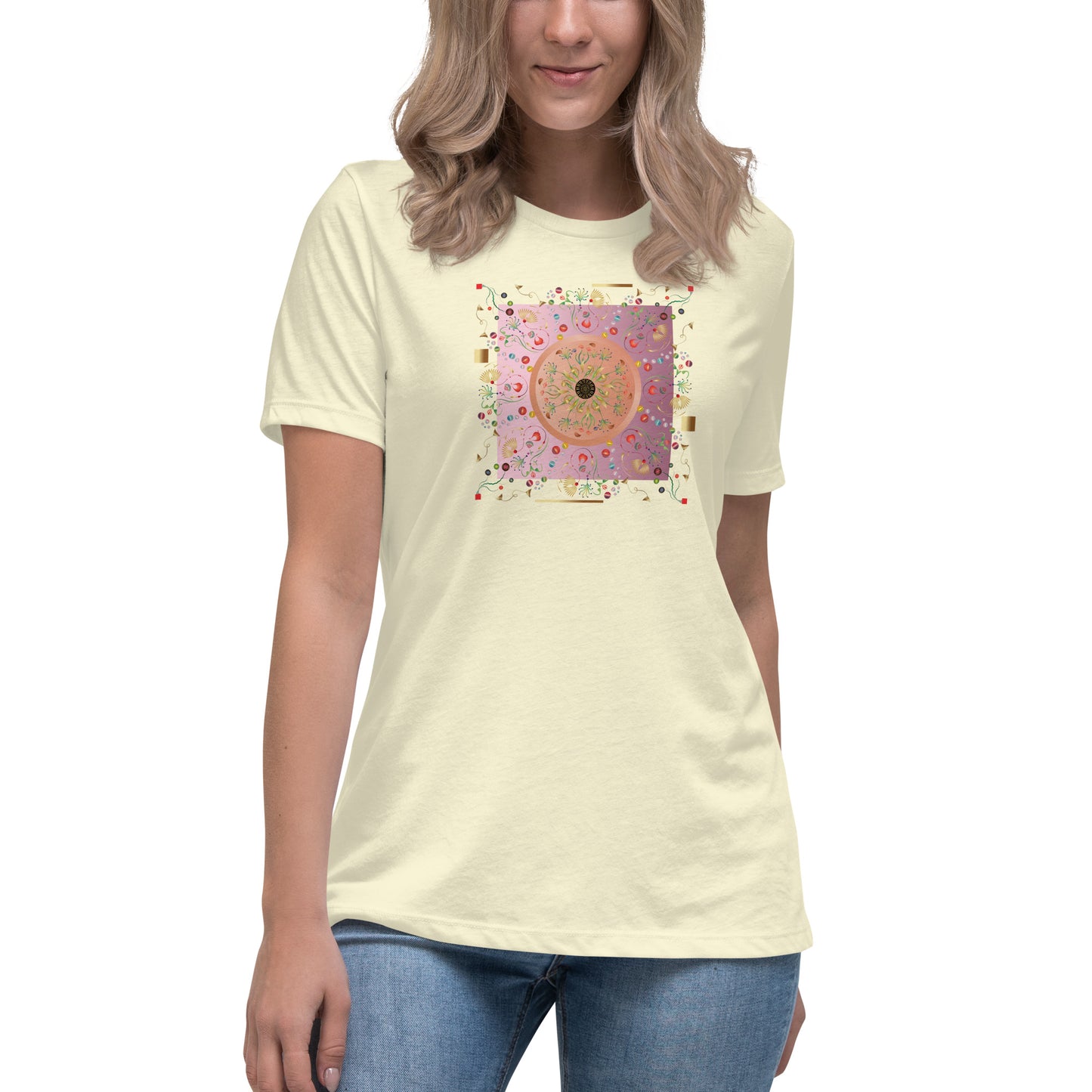 Women's Relaxed T-Shirt Kuklos 4390 Abstract Floral - Pink - Gold colors - Free Shipping