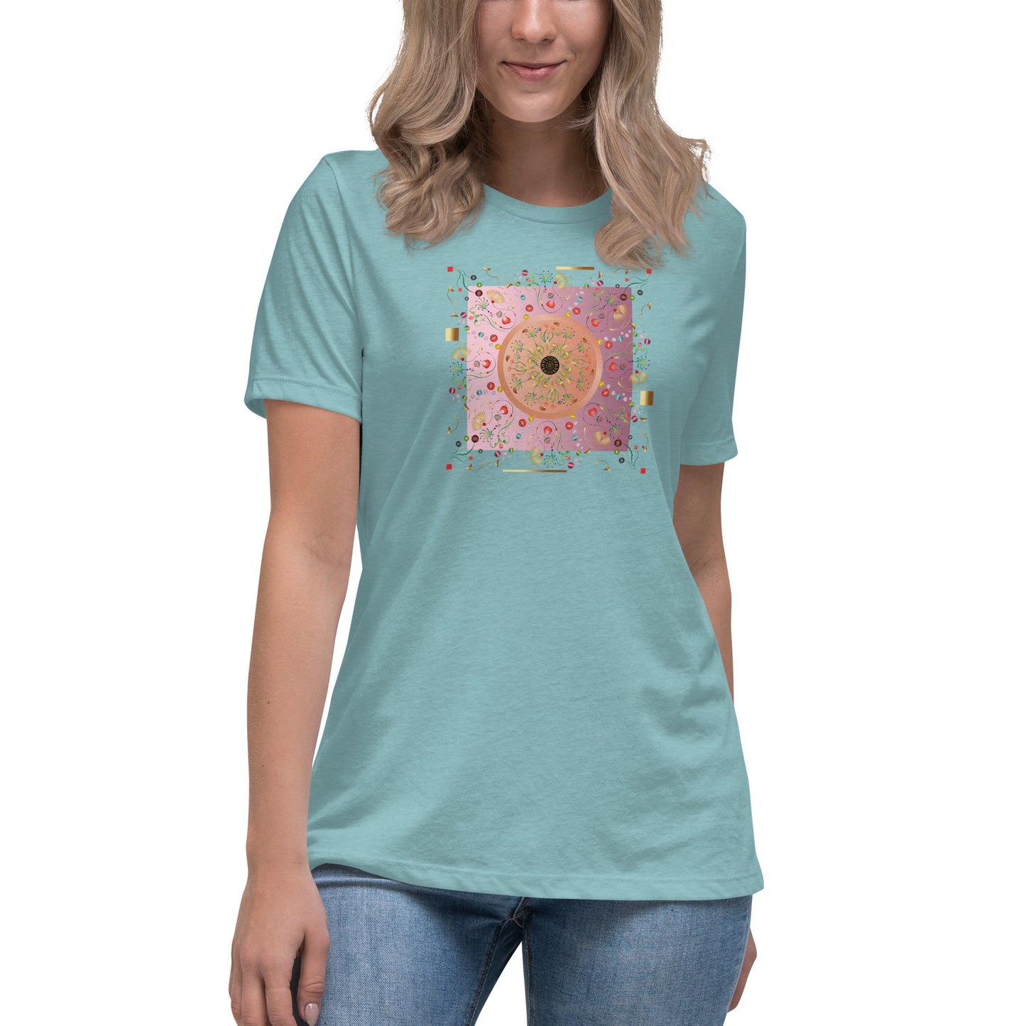Women's Relaxed T-Shirt Kuklos 4390 Abstract Floral - Pink - Gold colors - Free Shipping
