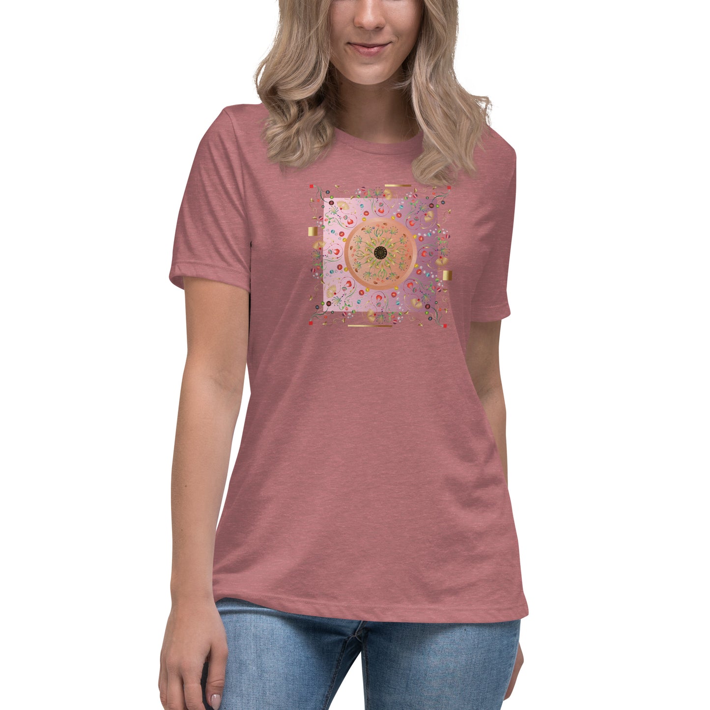 Women's Relaxed T-Shirt Kuklos 4390 Abstract Floral - Pink - Gold colors - Free Shipping