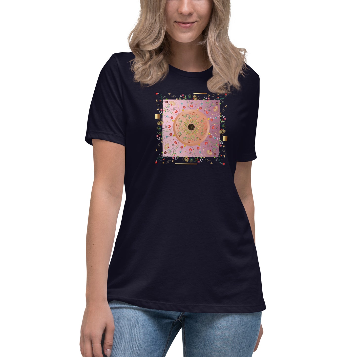 Women's Relaxed T-Shirt Kuklos 4390 Abstract Floral - Pink - Gold colors - Free Shipping