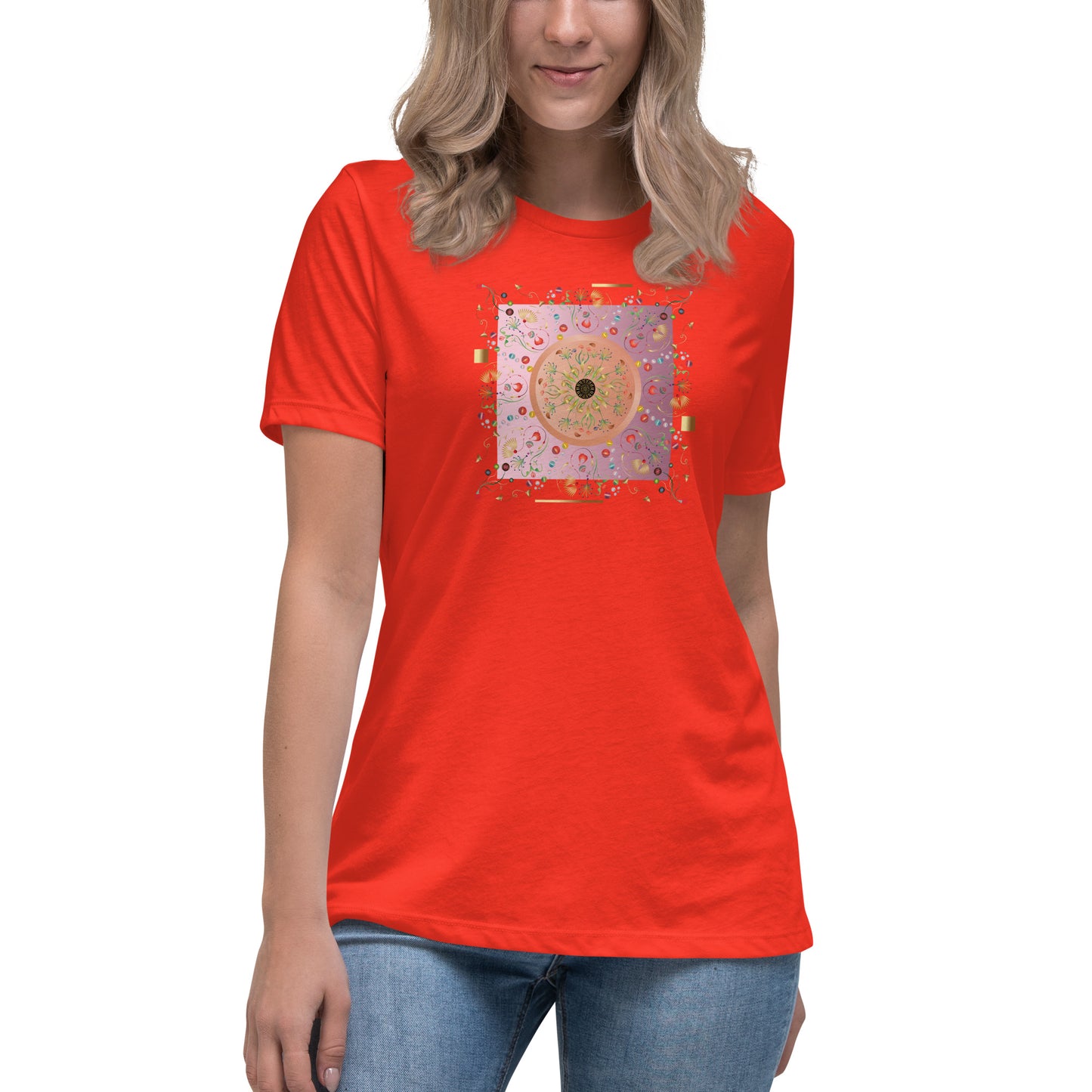 Women's Relaxed T-Shirt Kuklos 4390 Abstract Floral - Pink - Gold colors - Free Shipping