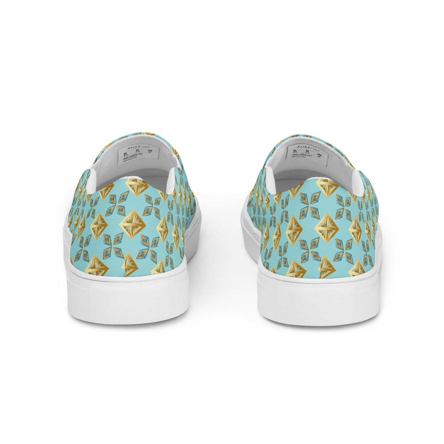 Women’s slip-on canvas shoes Kukloso Geometrica No 27 Gold shapes on Aqua - Free Shipping