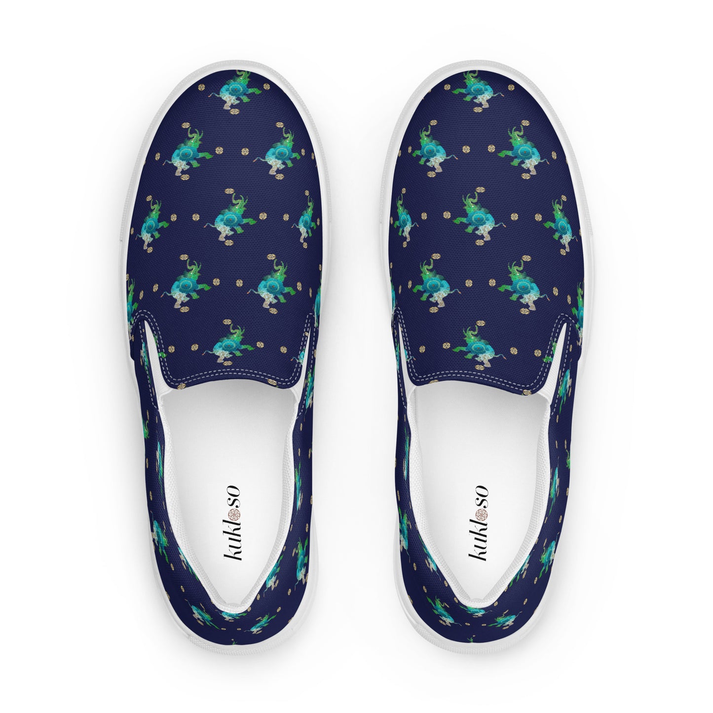 Women’s slip-on canvas shoes Kukloso Ganesha No 19 Aqua on Navy - Free Shipping