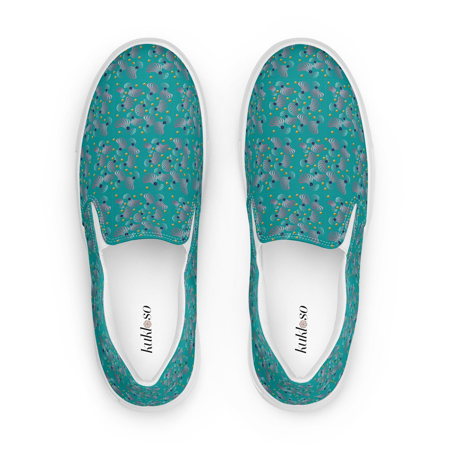Women’s slip-on canvas shoes Kukloso Whimsical No 83 Pink/Aqua/Navy Spirials on Turquoise - Free Shipping