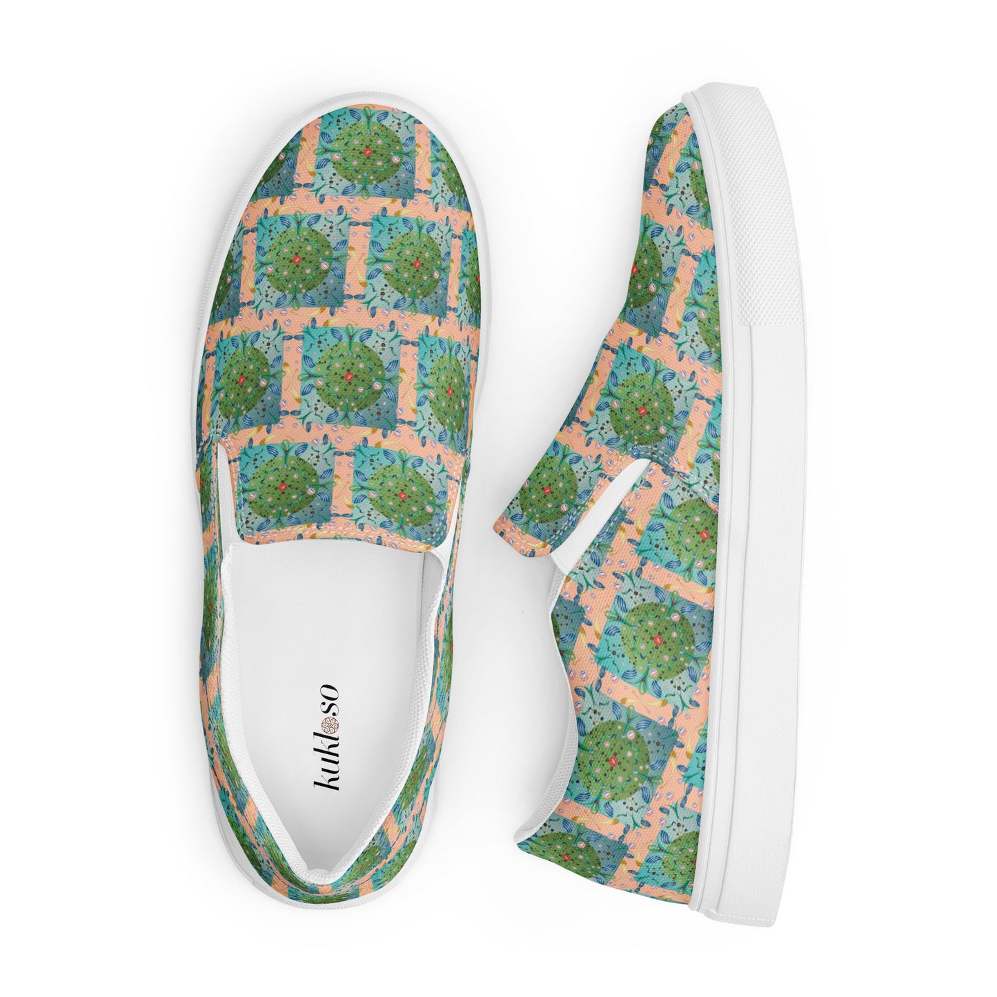 Women’s slip-on canvas shoes Kukloso Whimsical No 16 Green/Aqua on Peach - Free Shipping