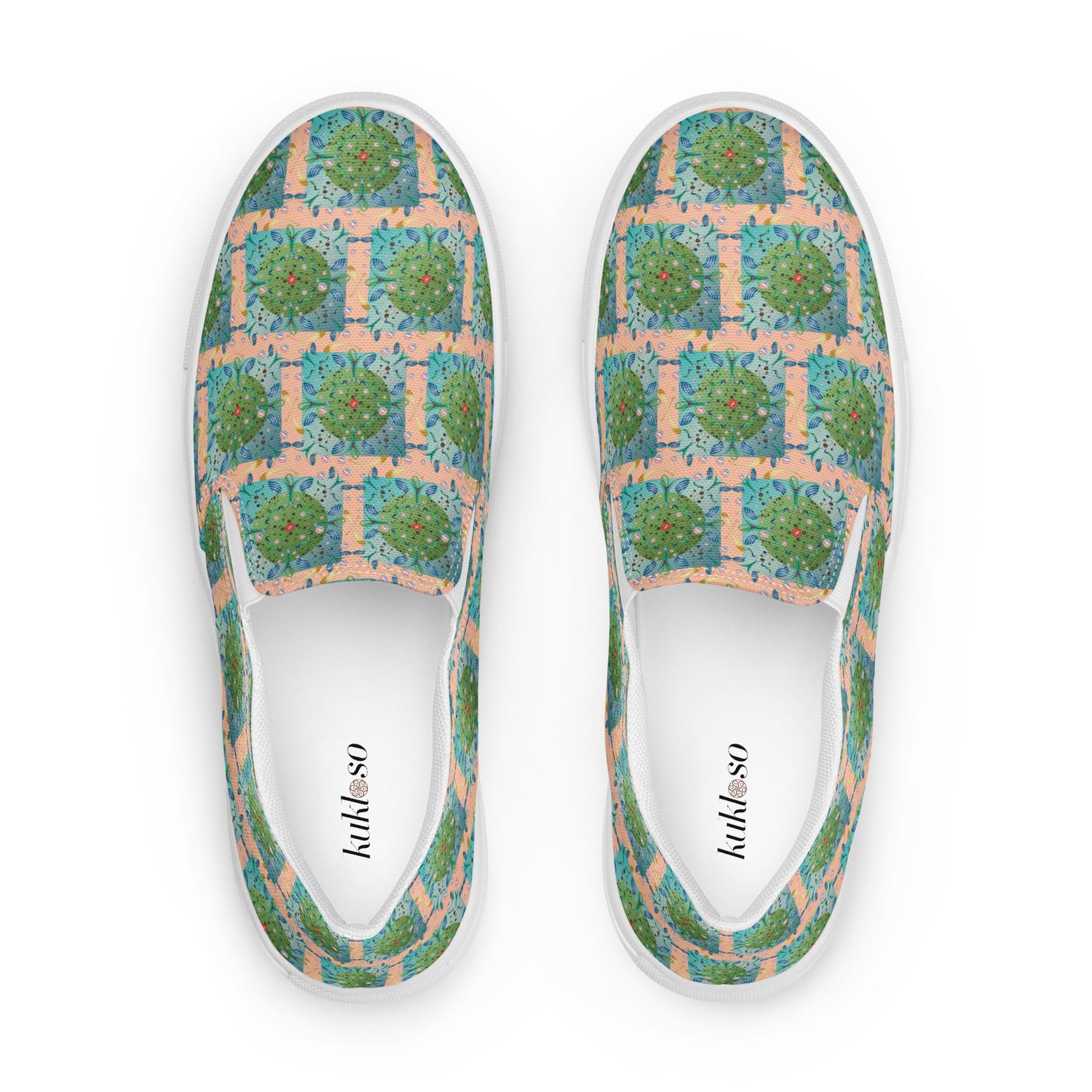 Women’s slip-on canvas shoes Kukloso Whimsical No 16 Green/Aqua on Peach - Free Shipping