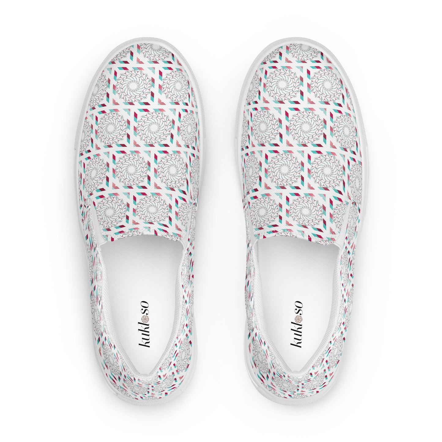 Women’s slip-on canvas shoes Kukloso Whimsical No 17 Red/Aqua on White - Free Shipping