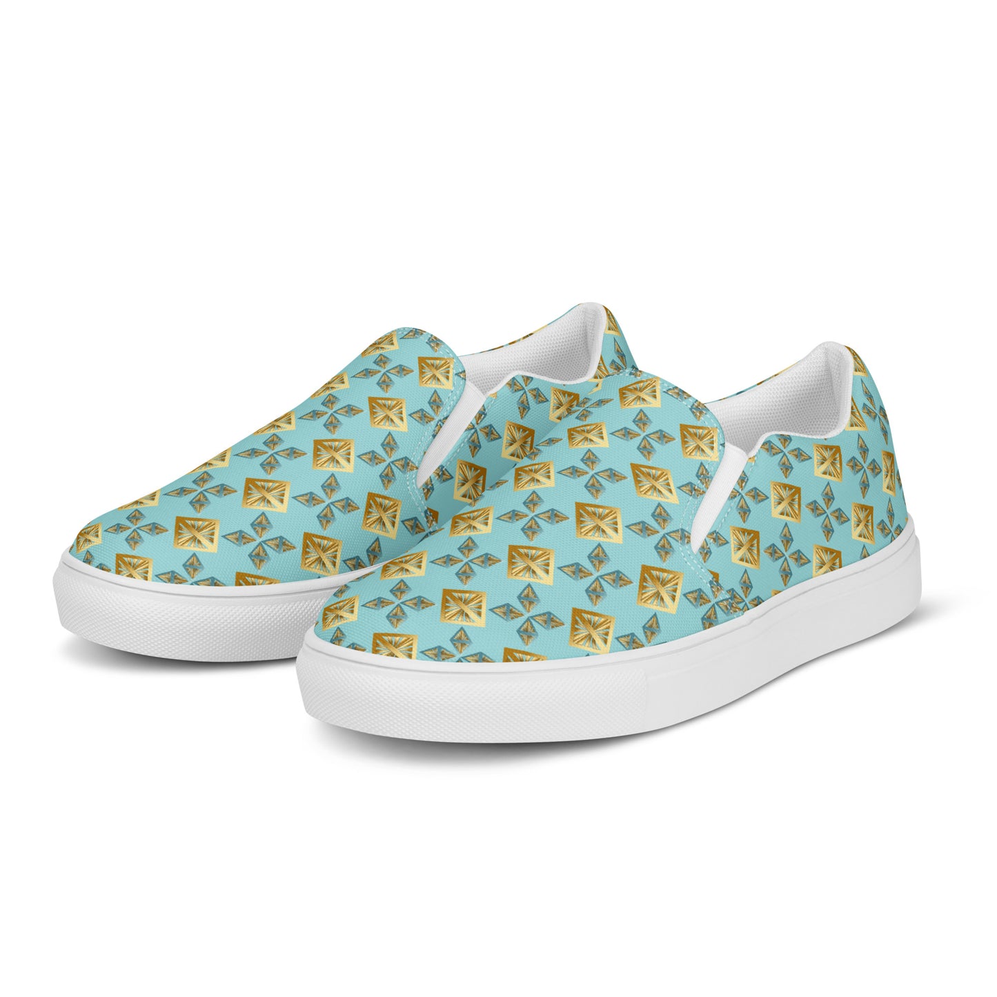 Women’s slip-on canvas shoes Kukloso Geometrica No 27 Gold shapes on Aqua - Free Shipping