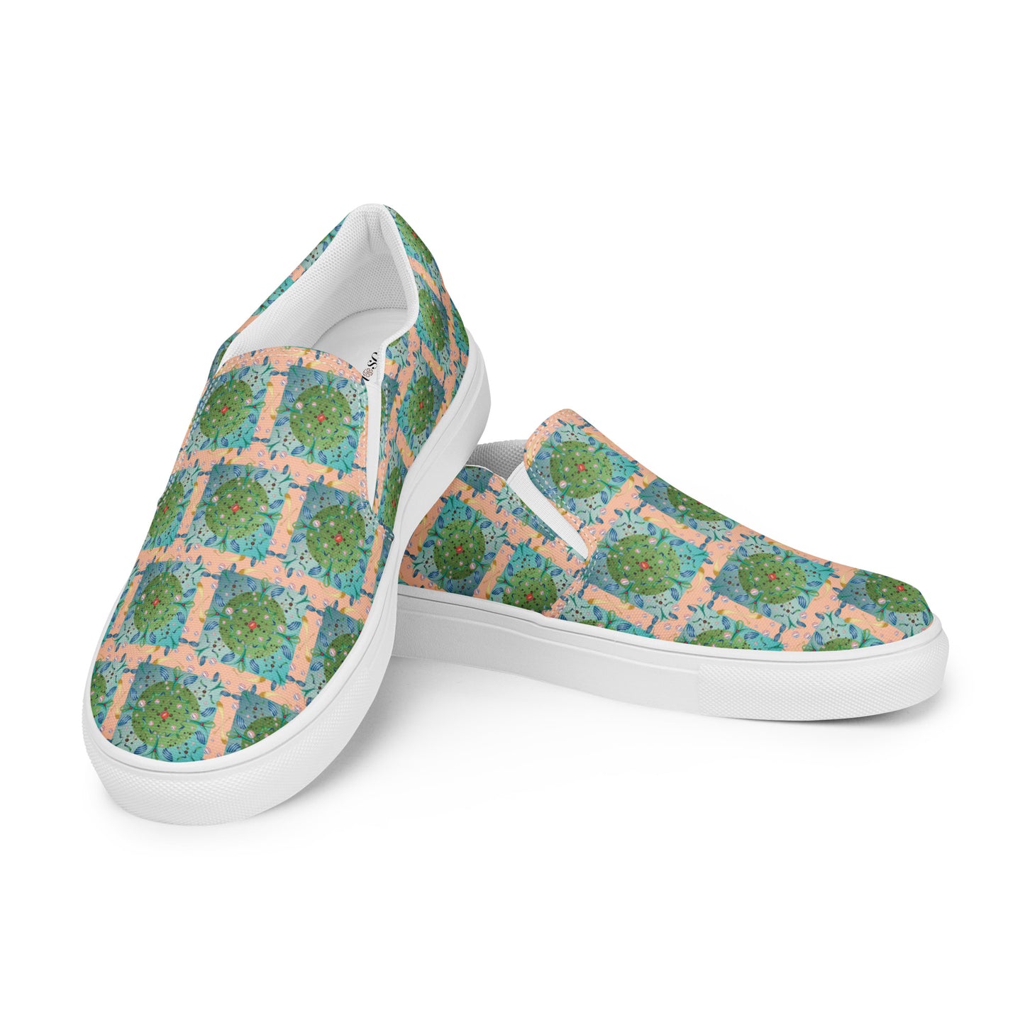Women’s slip-on canvas shoes Kukloso Whimsical No 16 Green/Aqua on Peach - Free Shipping