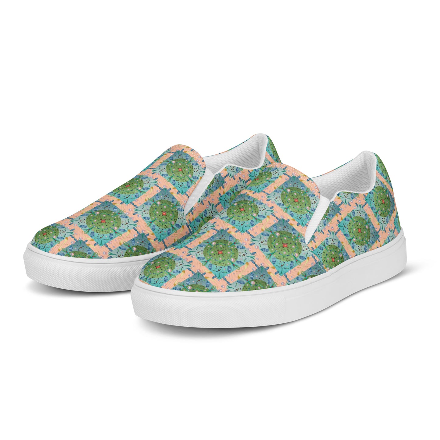 Women’s slip-on canvas shoes Kukloso Whimsical No 16 Green/Aqua on Peach - Free Shipping