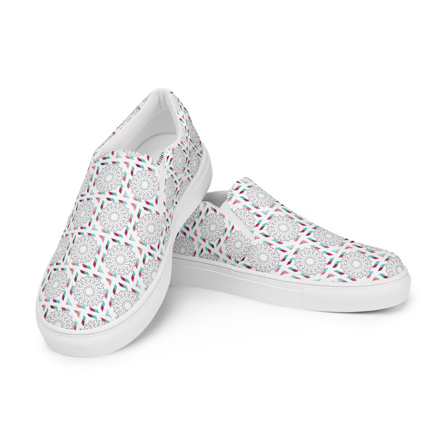 Women’s slip-on canvas shoes Kukloso Whimsical No 17 Red/Aqua on White - Free Shipping
