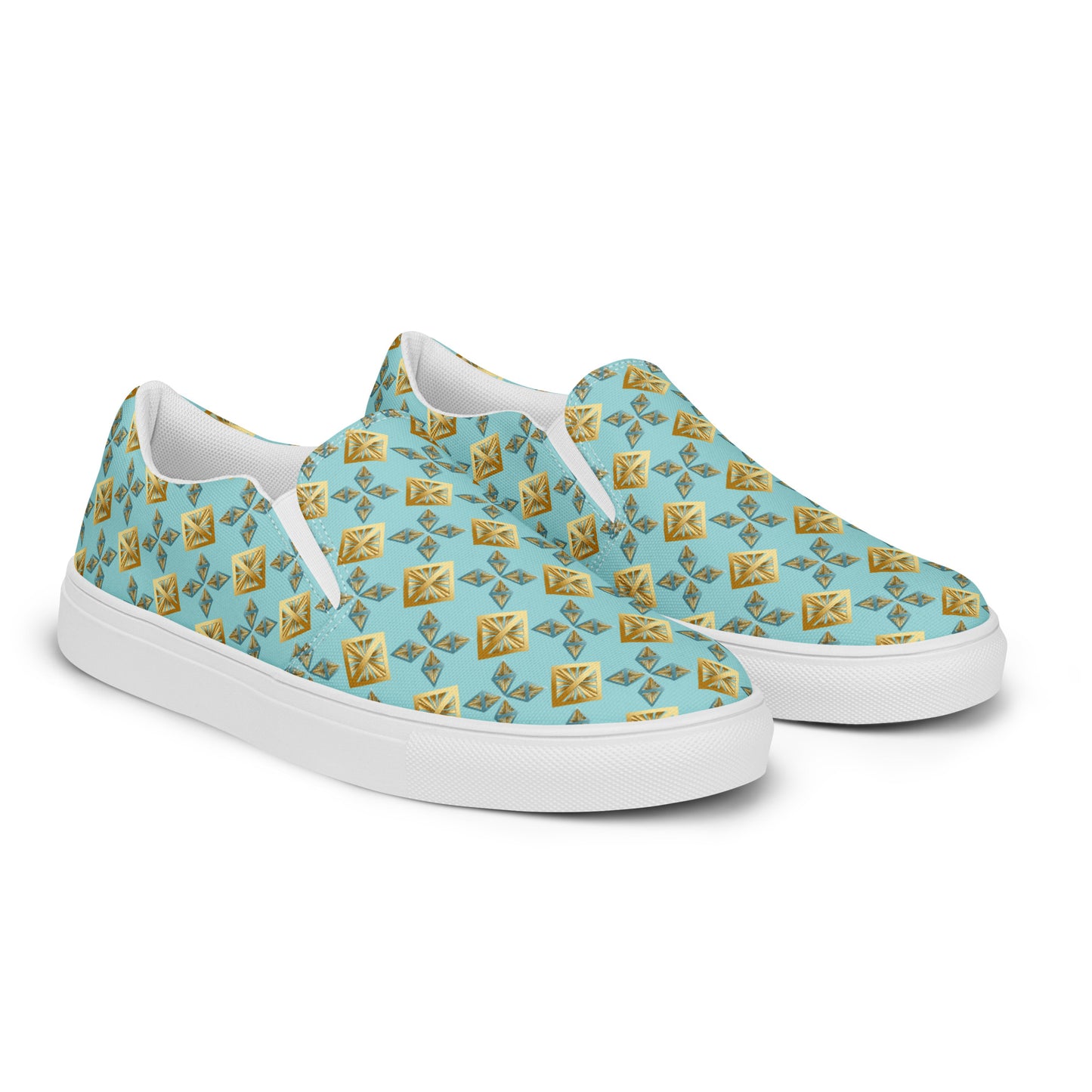 Women’s slip-on canvas shoes Kukloso Geometrica No 27 Gold shapes on Aqua - Free Shipping
